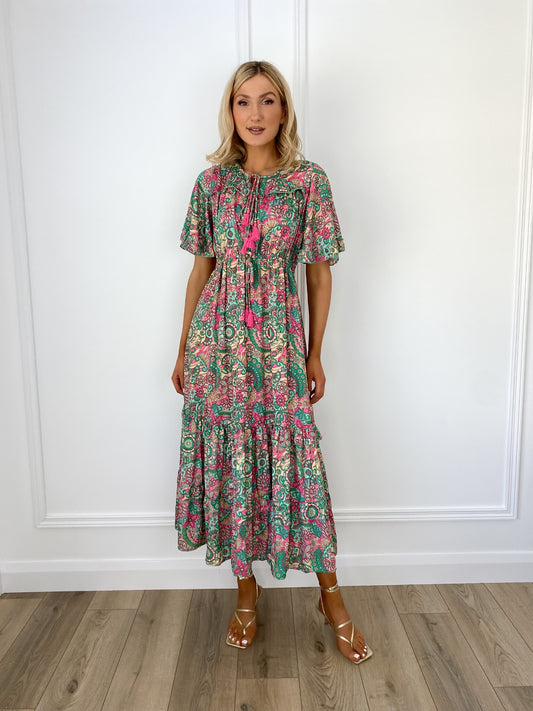 Claire Boho printed Dress - Green and Pink