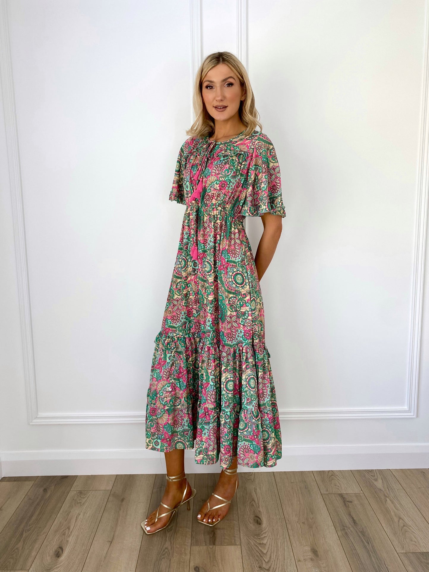 Claire Boho printed Dress - Green and Pink