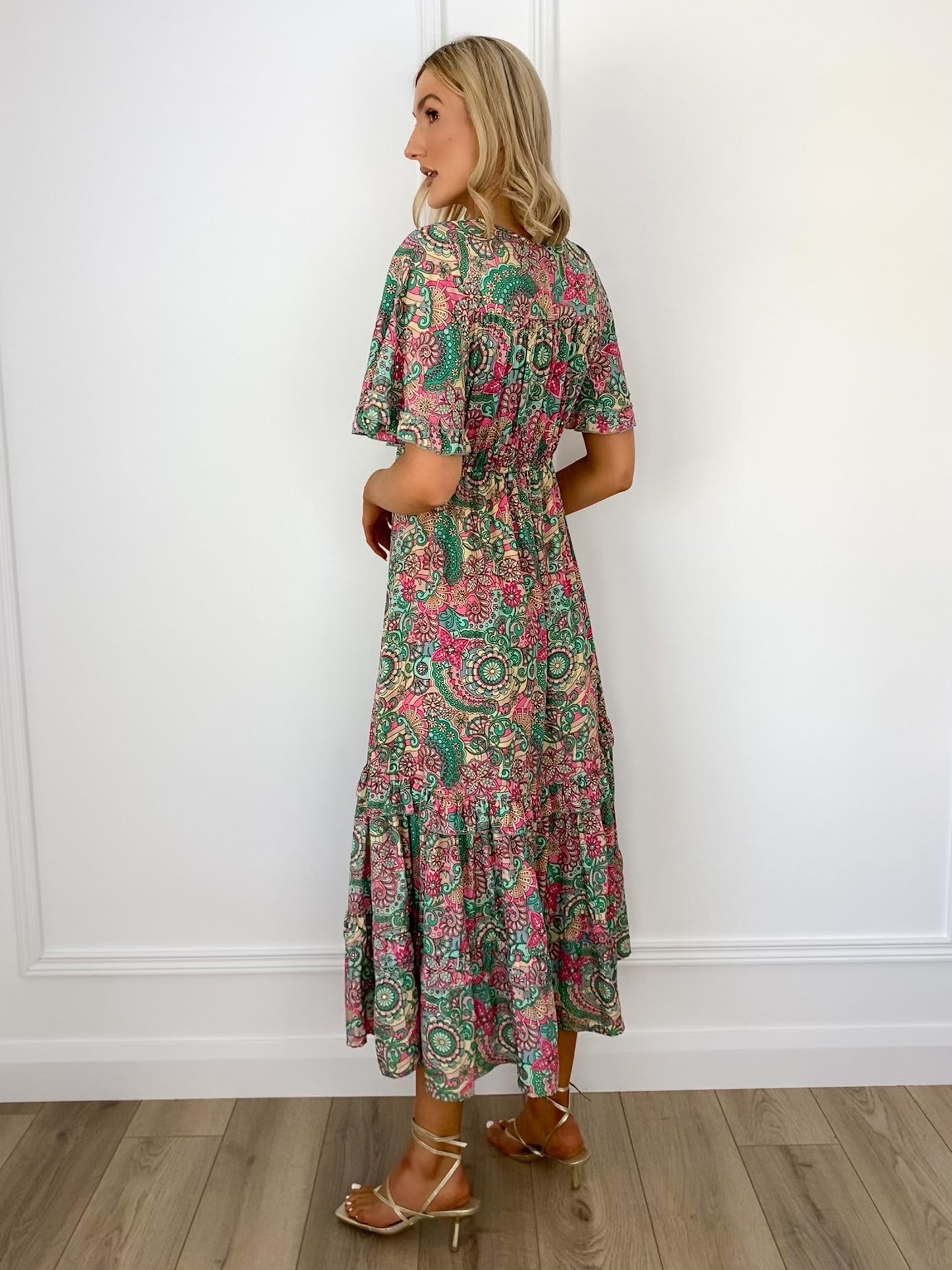Claire Boho printed Dress - Green and Pink