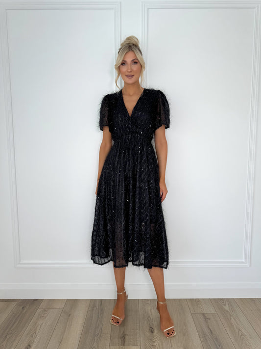 Cross Over Top with Short Sleeves Midi Sequin Dress - Black