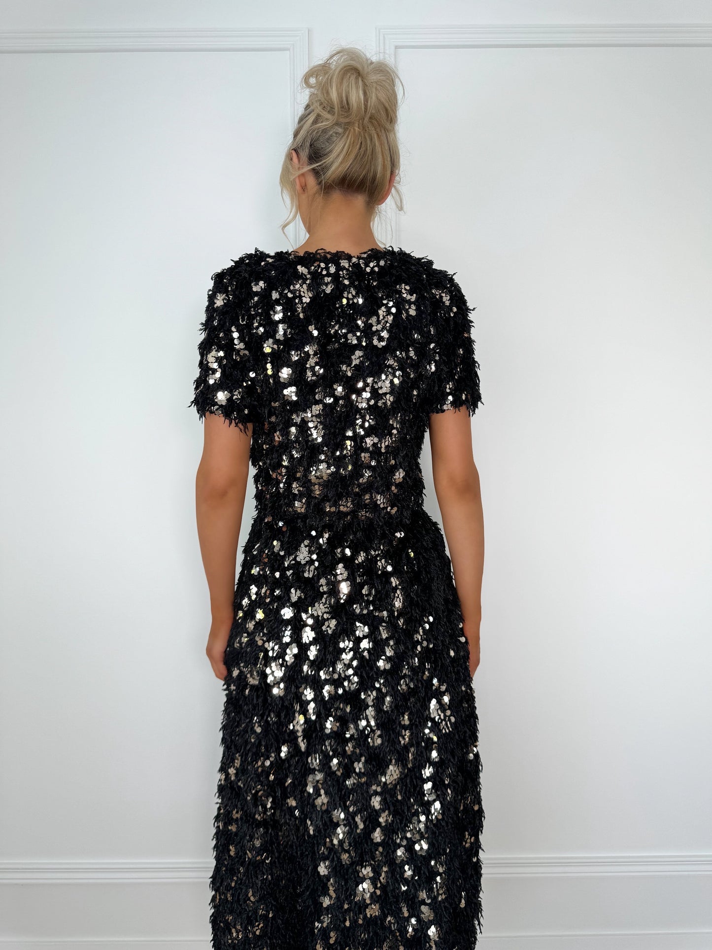 Sequin Faux Fur Crop Top - Black