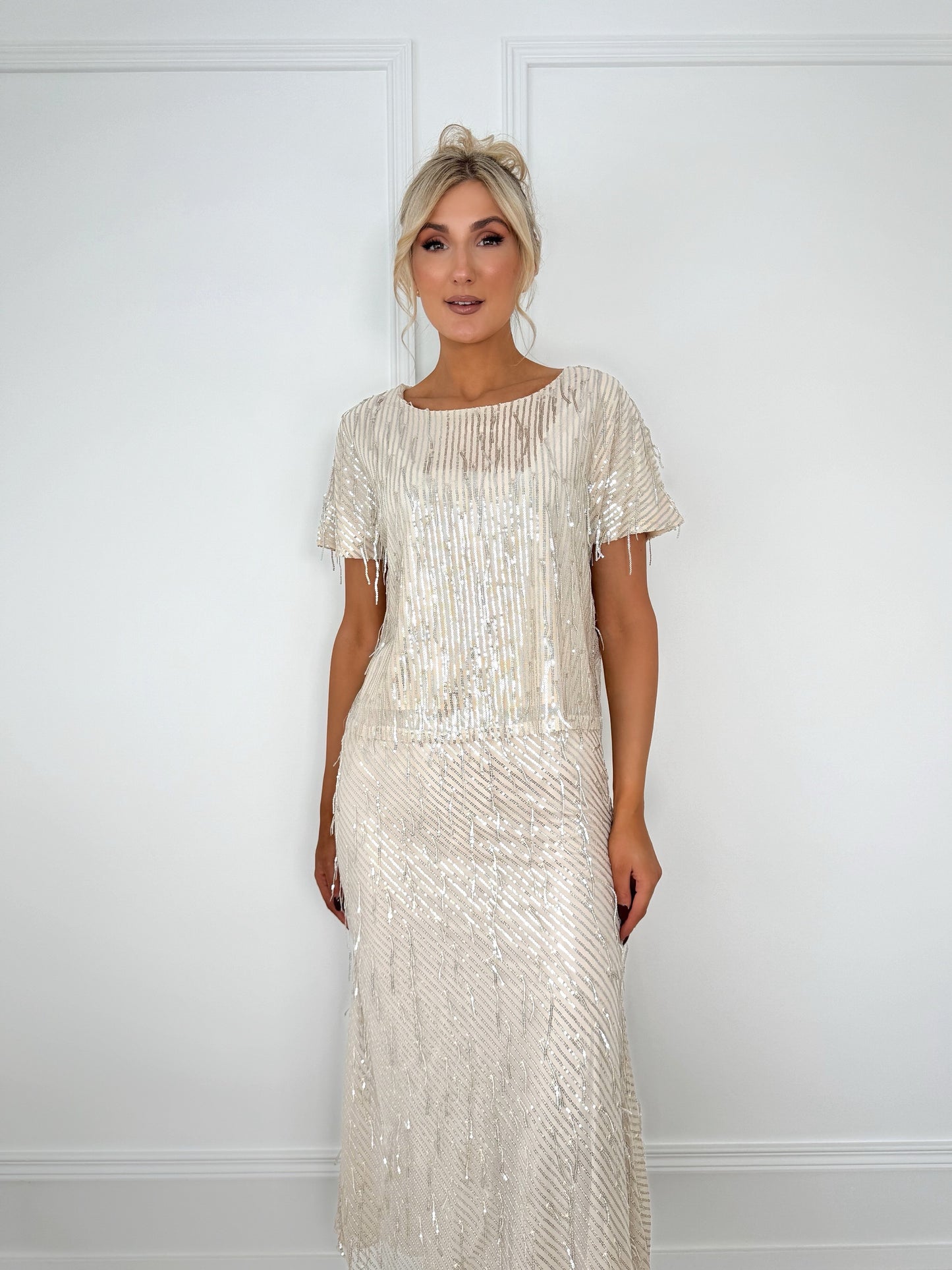 Sequin Fringe Short Sleeve Crop Top - Beige