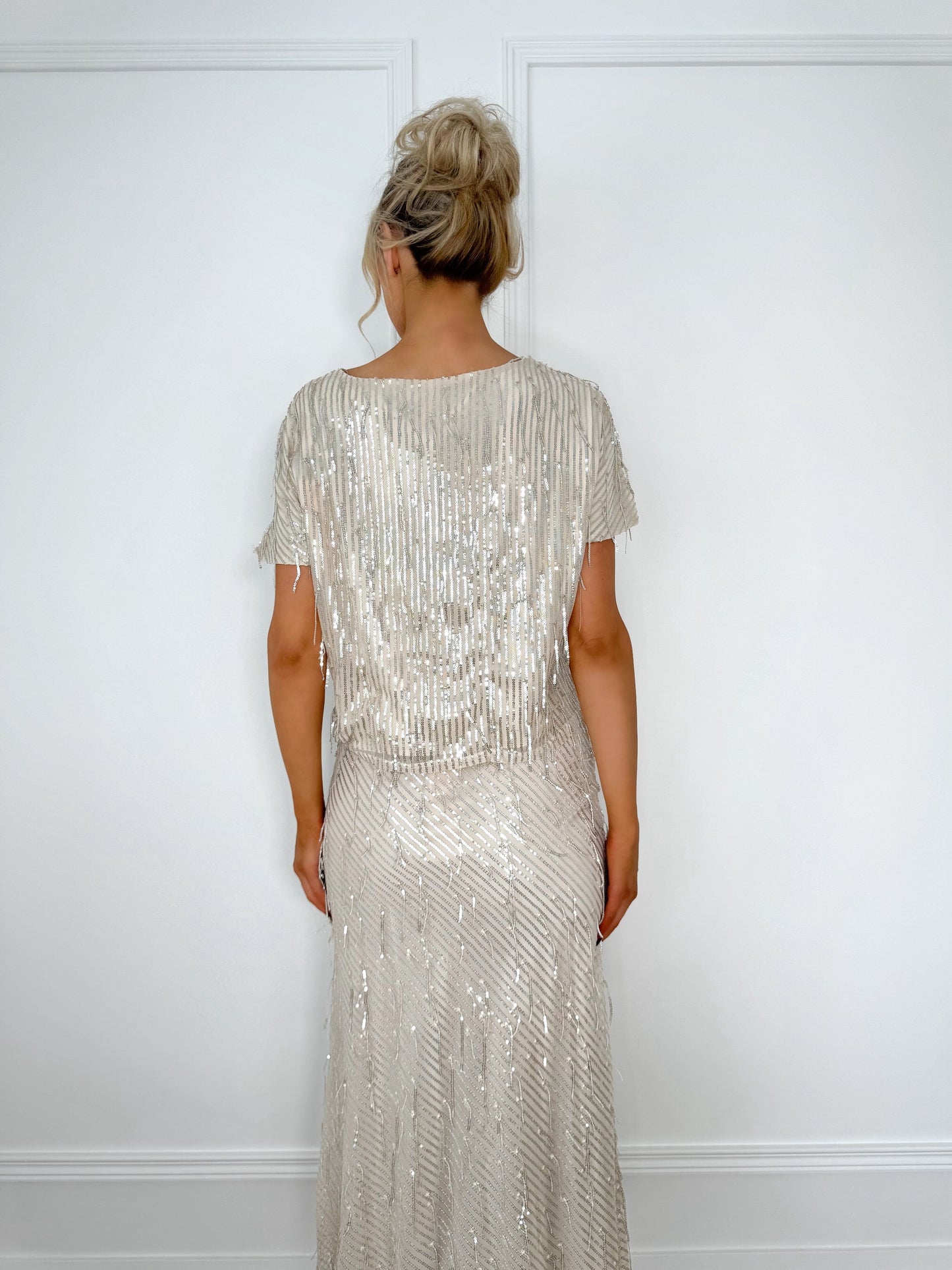 Sequin Fringe Short Sleeve Crop Top - Beige