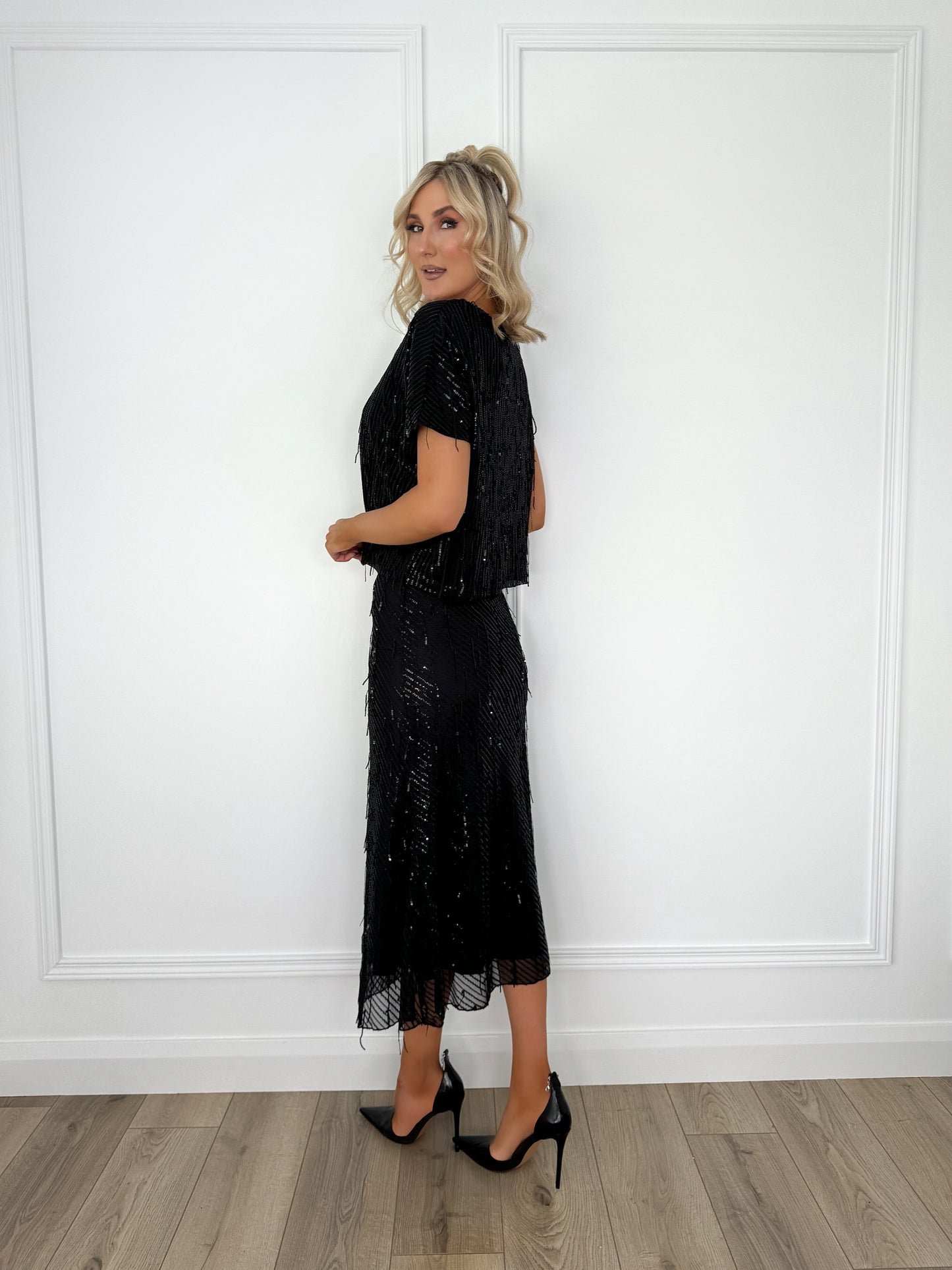 Sequin Fringe Maxi Skirt - Black