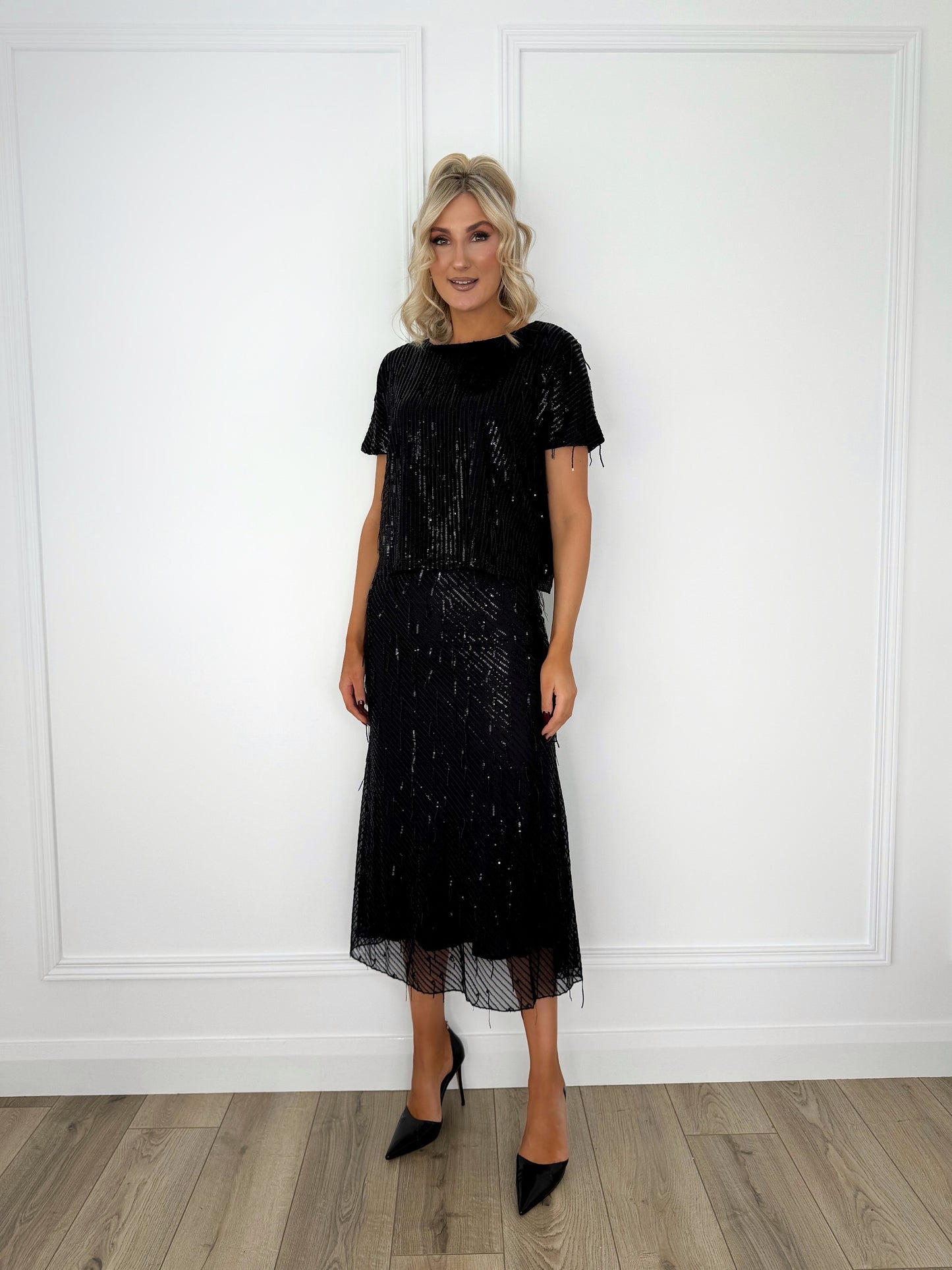 Sequin Fringe Maxi Skirt - Black