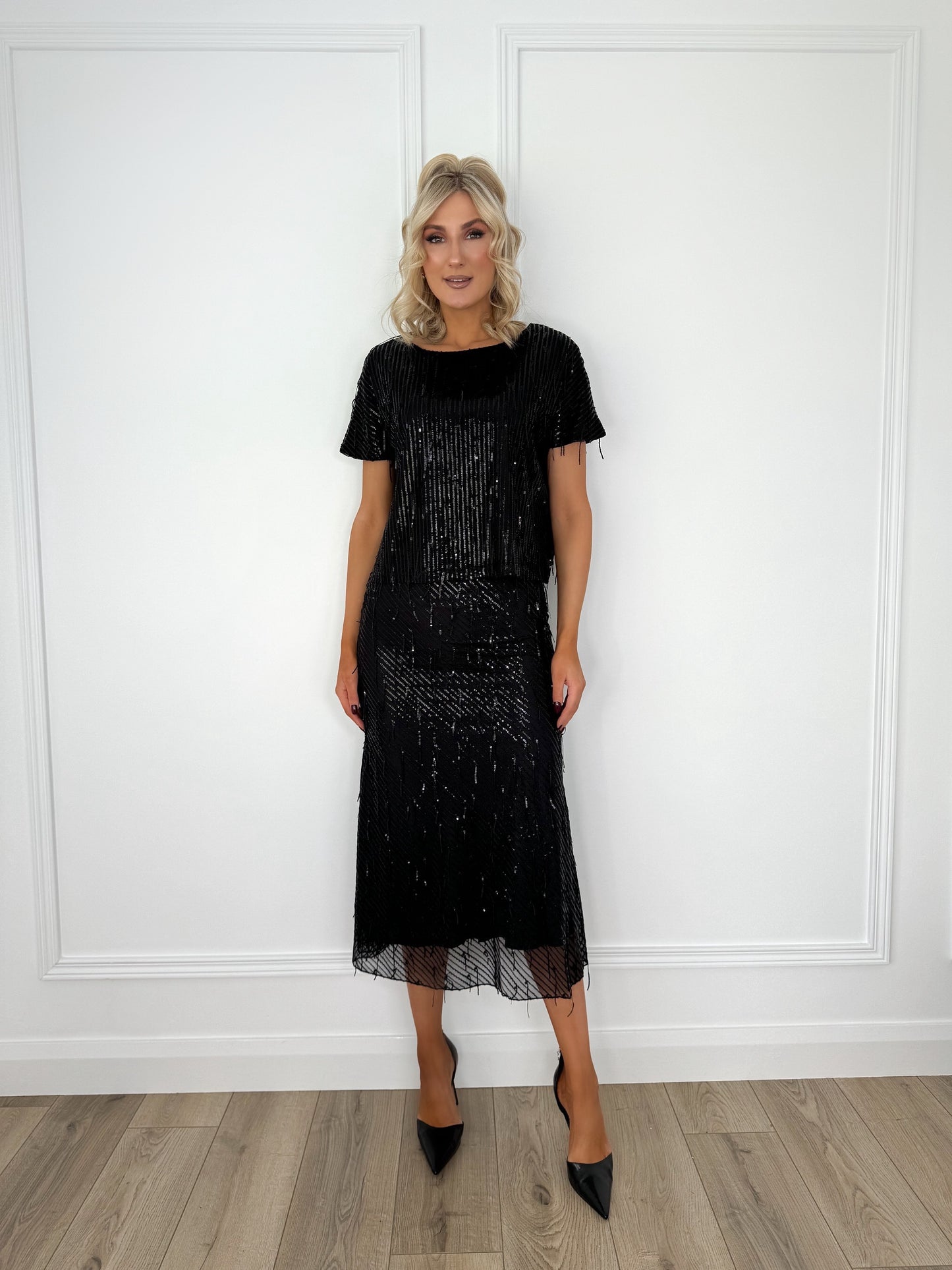 Sequin Fringe Maxi Skirt - Black