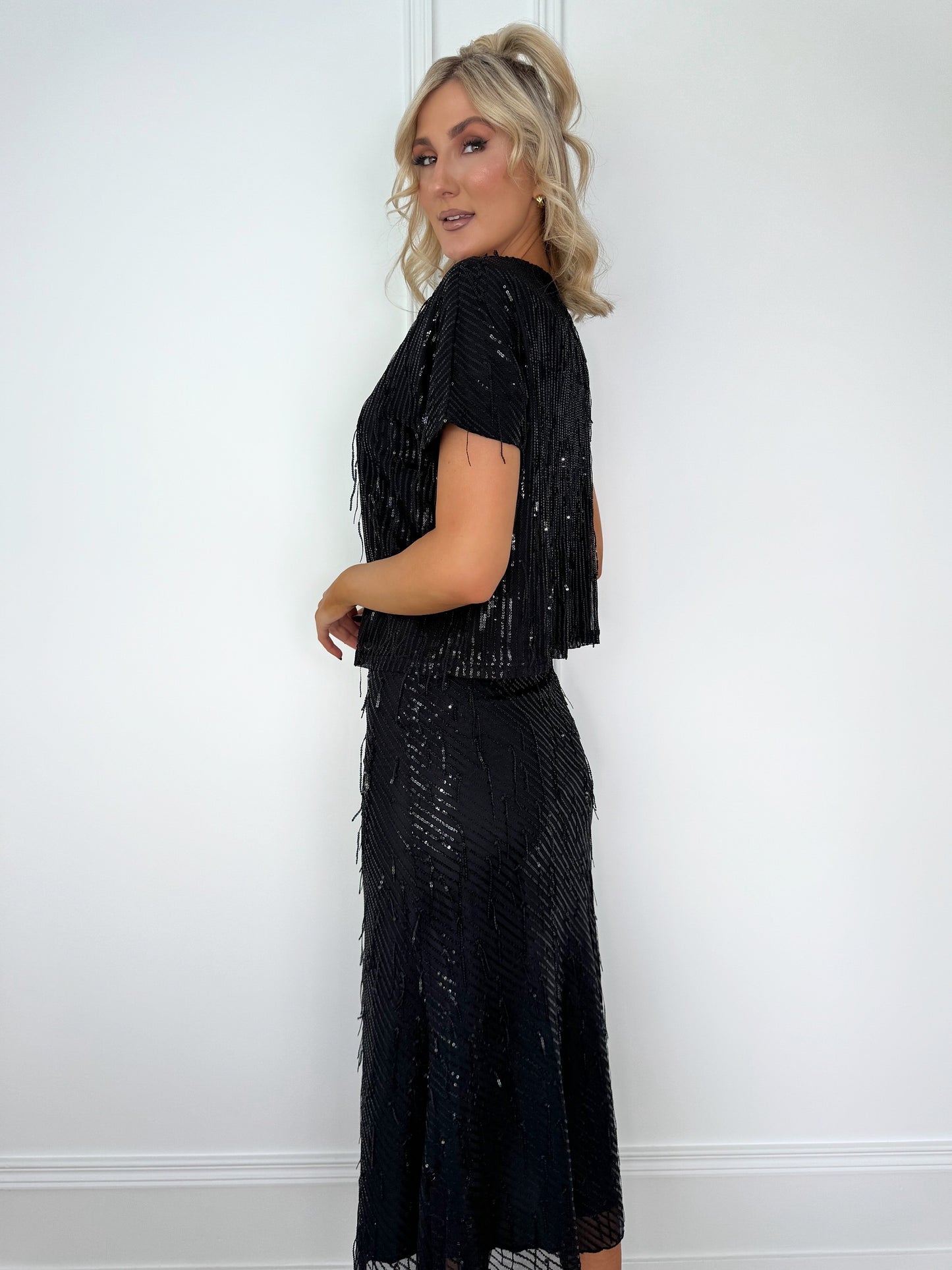 Sequin Fringe Short Sleeve Crop Top - Black