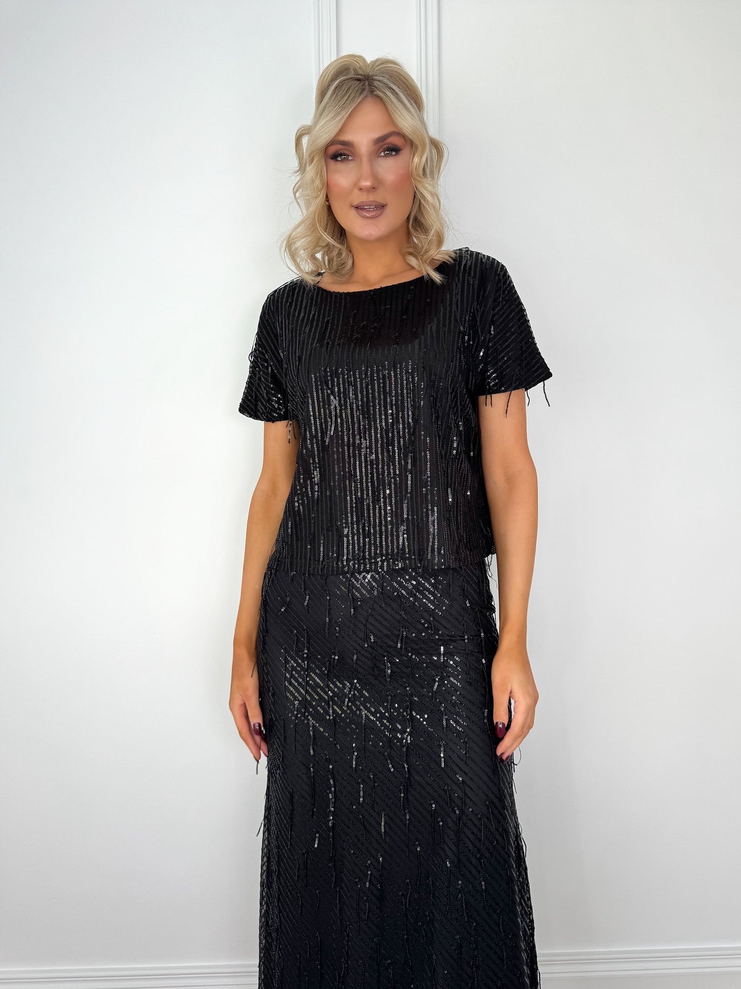 Sequin Fringe Short Sleeve Crop Top - Black