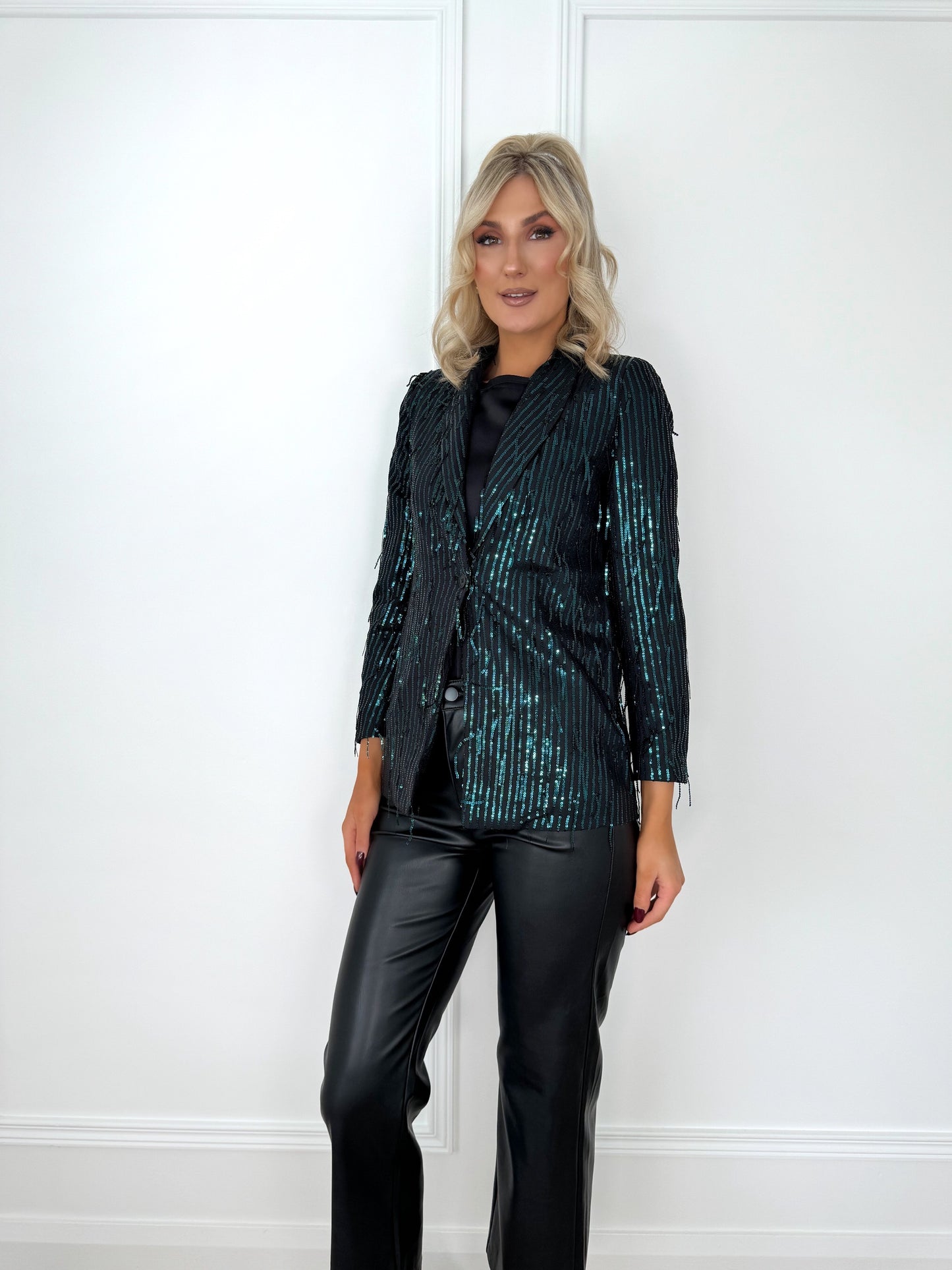 Single Breasted Sequin Blazer - Green