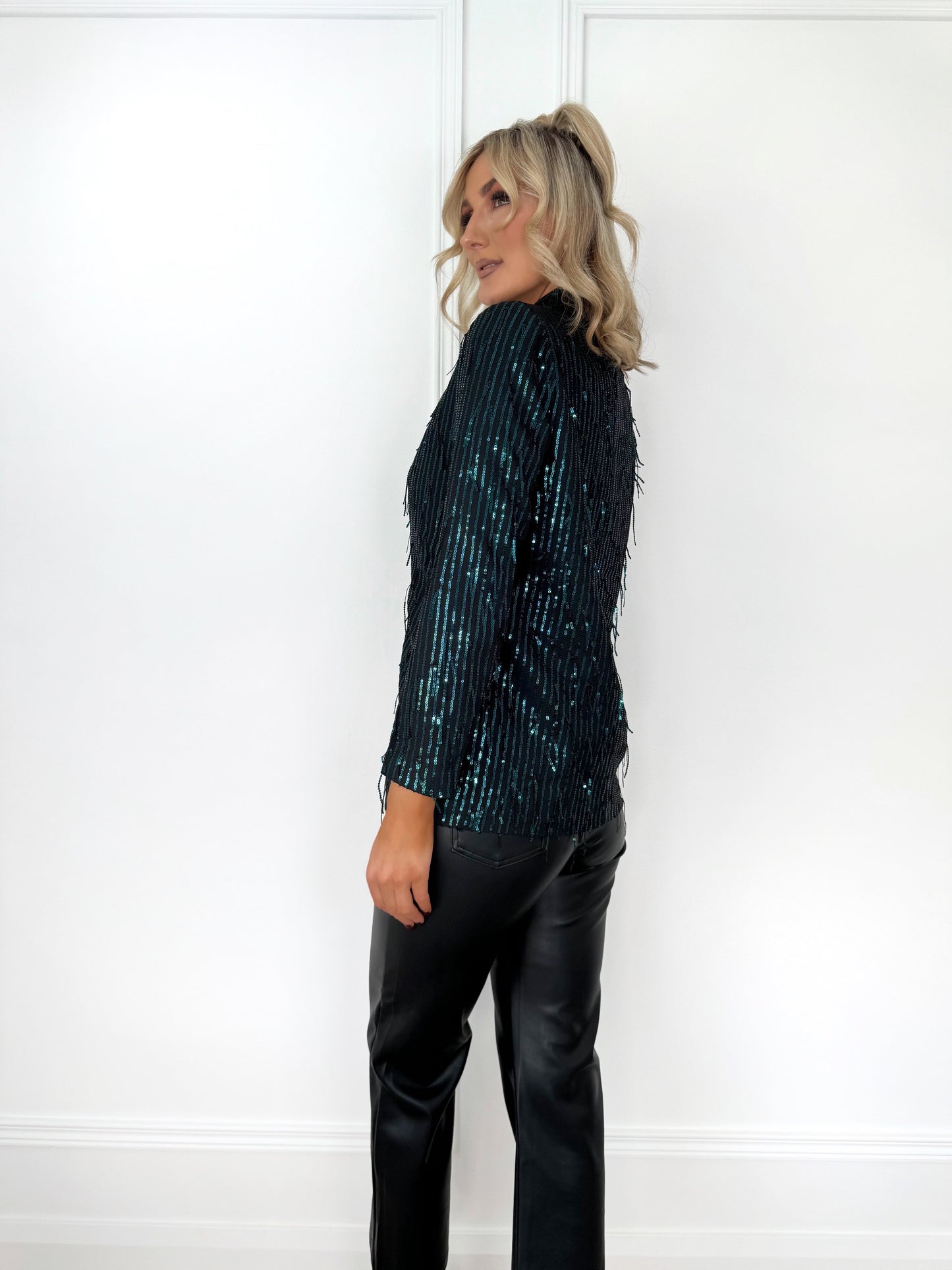 Single Breasted Sequin Blazer - Green