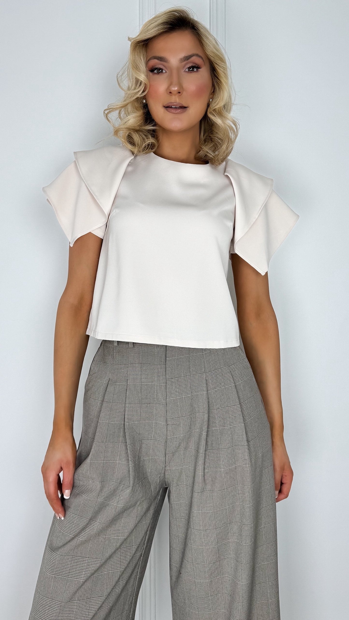 Amelia Crop Blouse with Cape over the Shoulder  - Beige