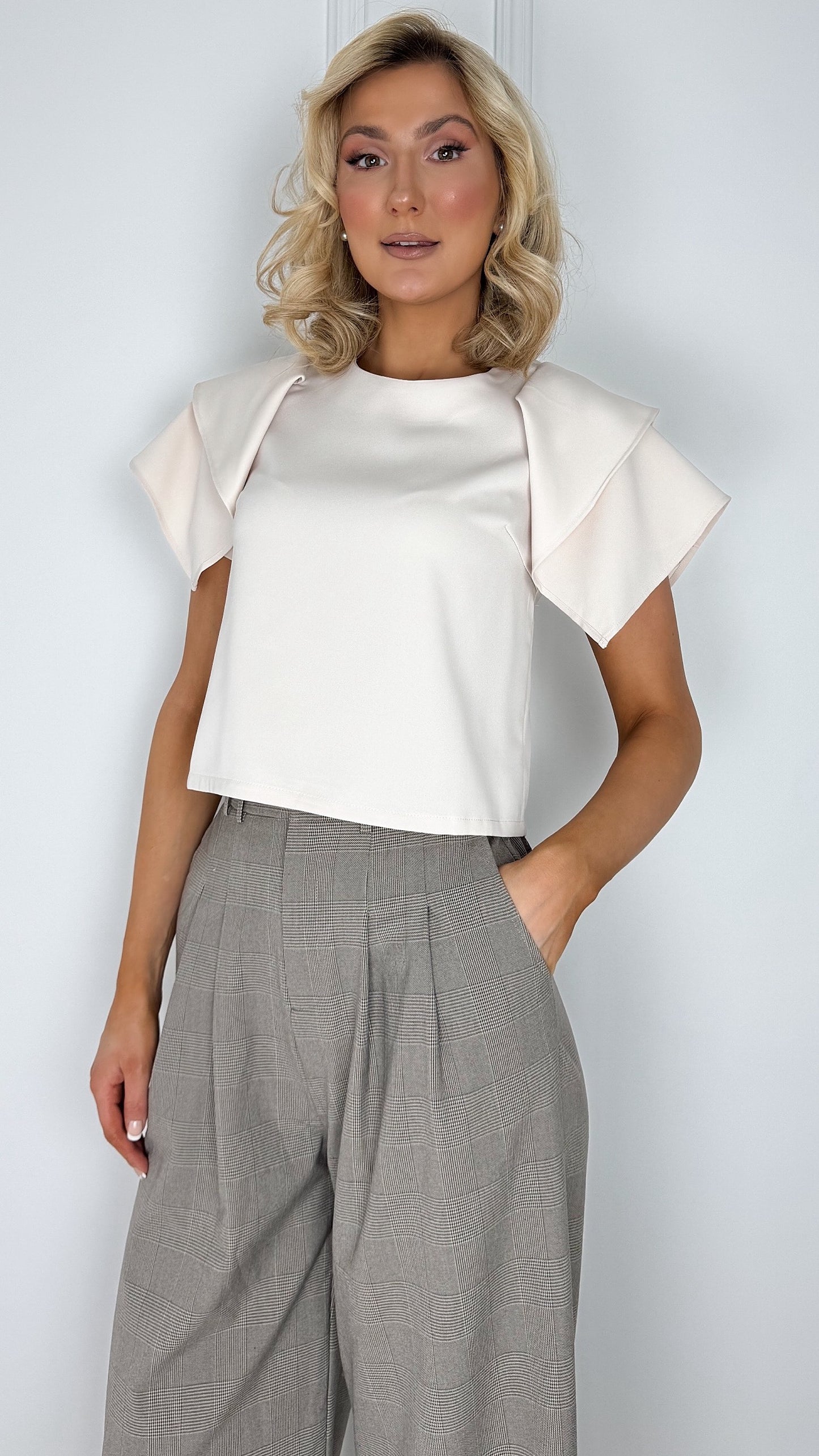 Amelia Crop Blouse with Cape over the Shoulder - Beige