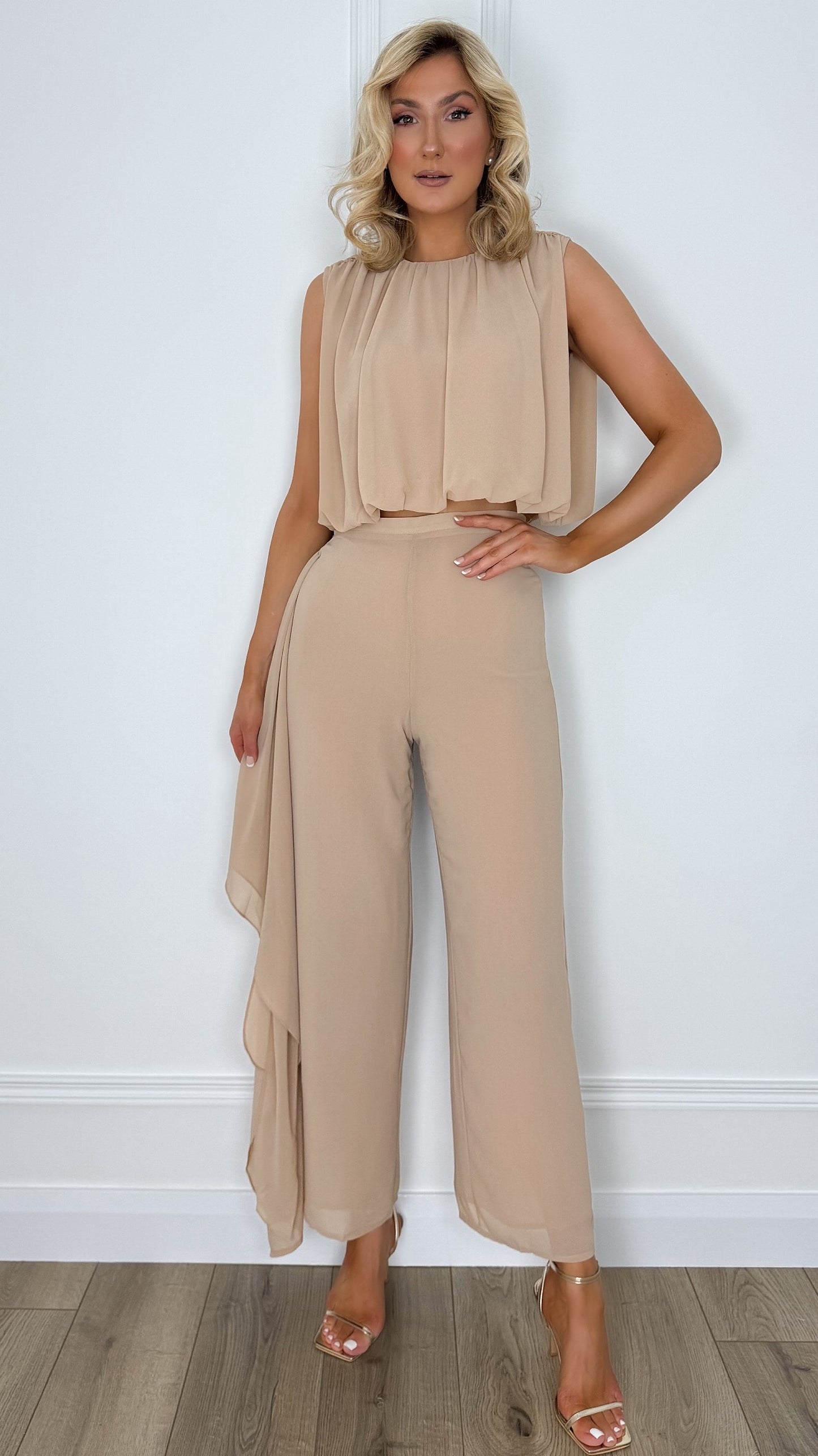 Evelyn Side Ruffle Wide Leg Trousers - Taupe