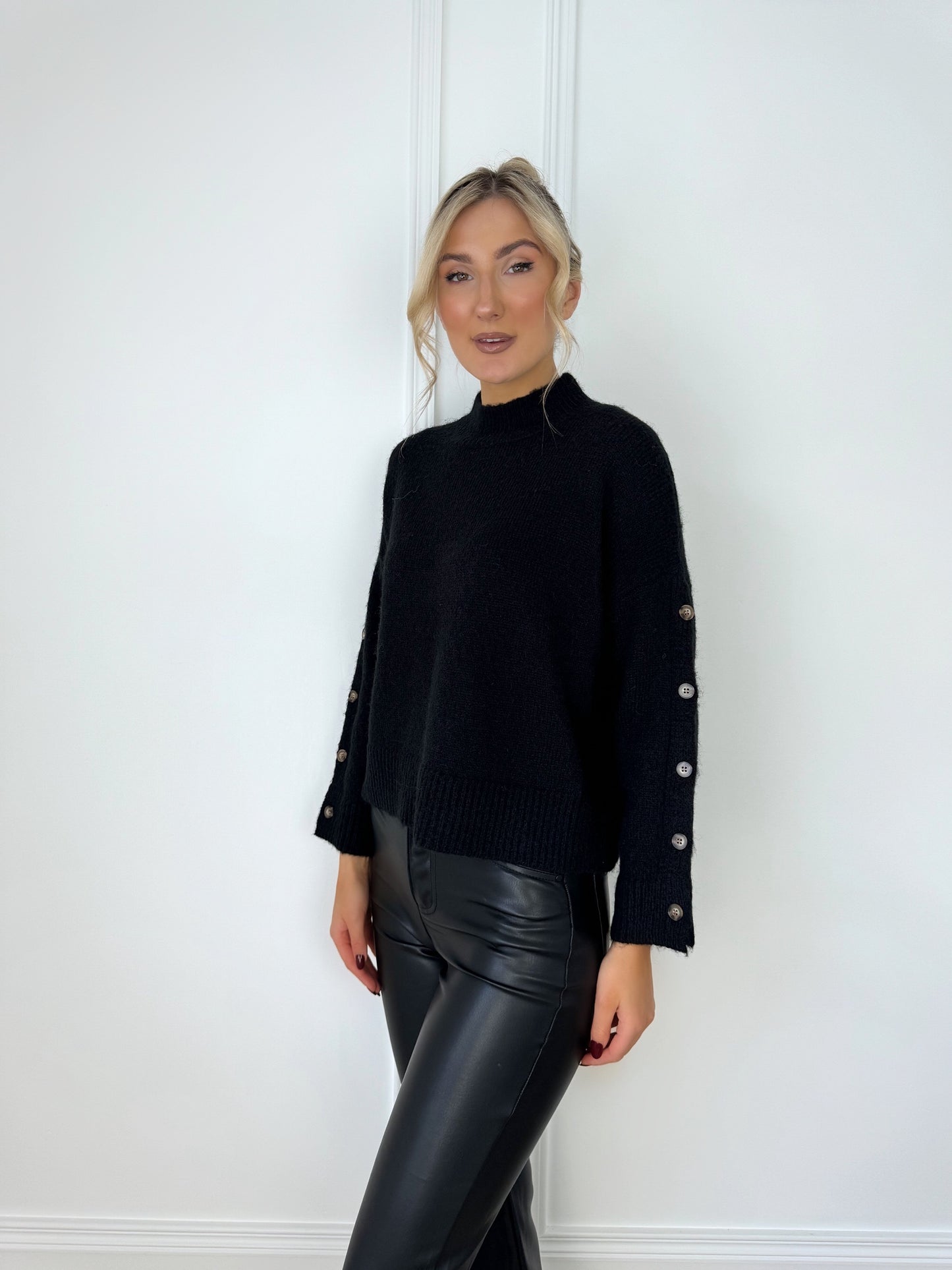 Round Neck Knit Jumper with Buttoned Sleeve - Black