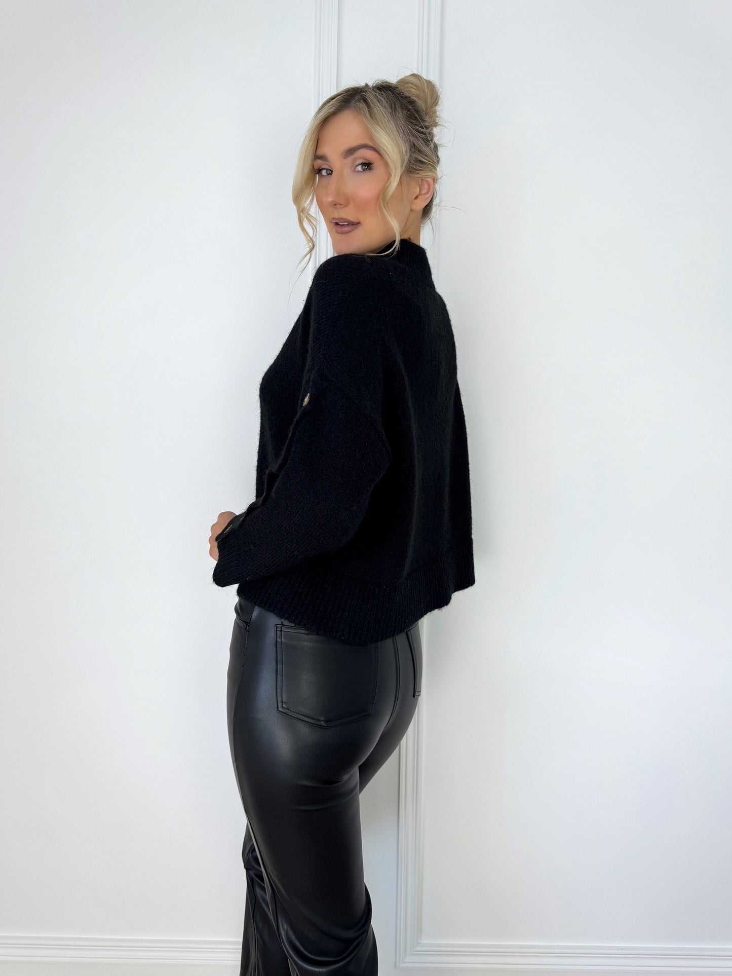 Round Neck Knit Jumper with Buttoned Sleeve - Black