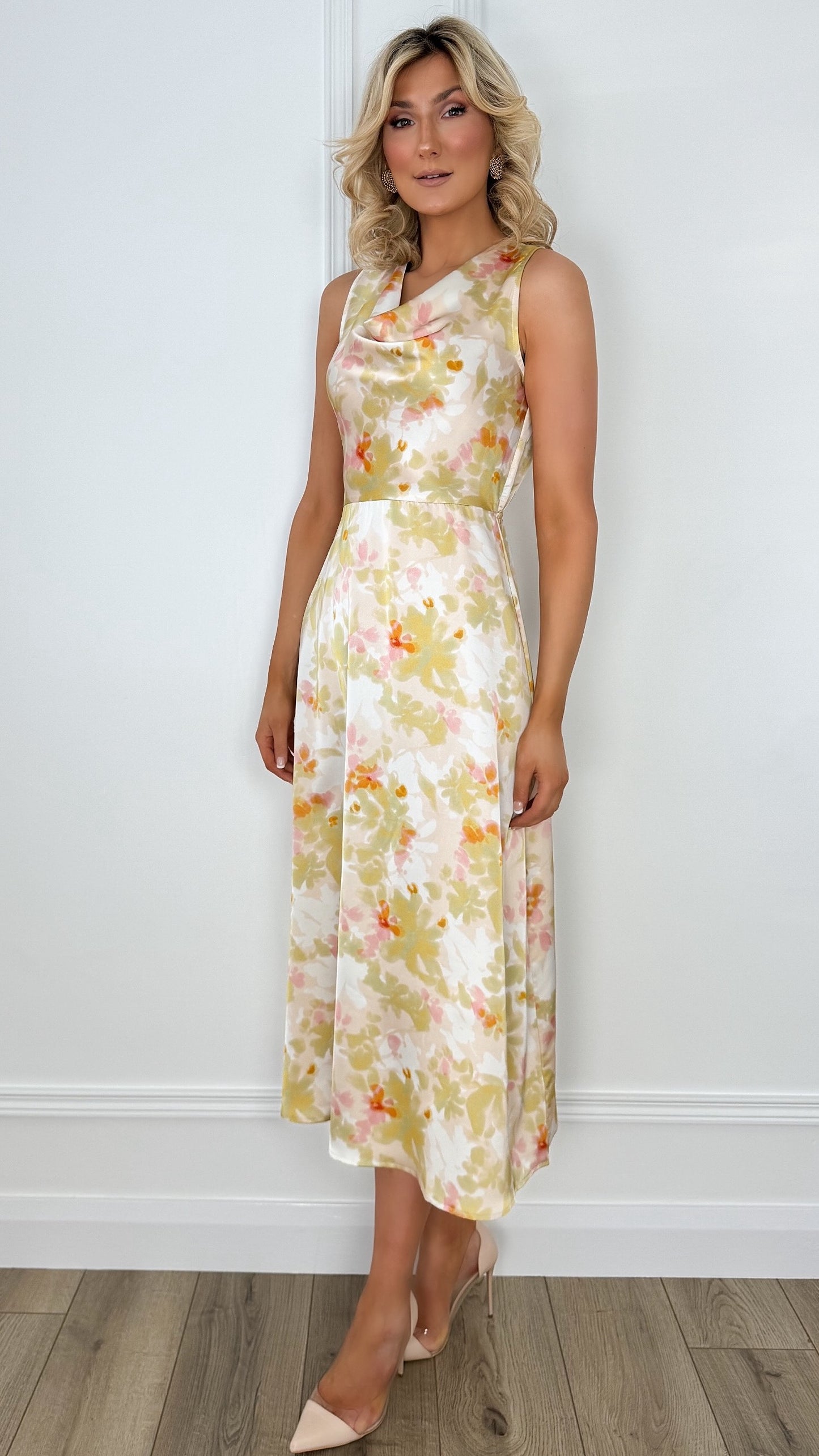 Amy Draped Neck Floral Midi Dress