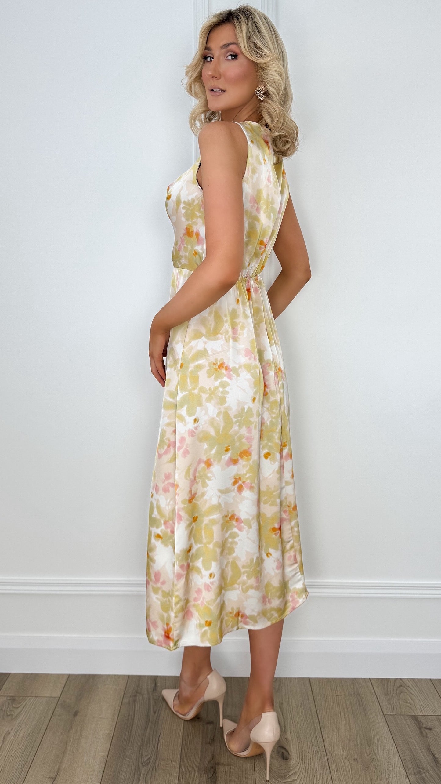 Amy Draped Neck Floral Midi Dress