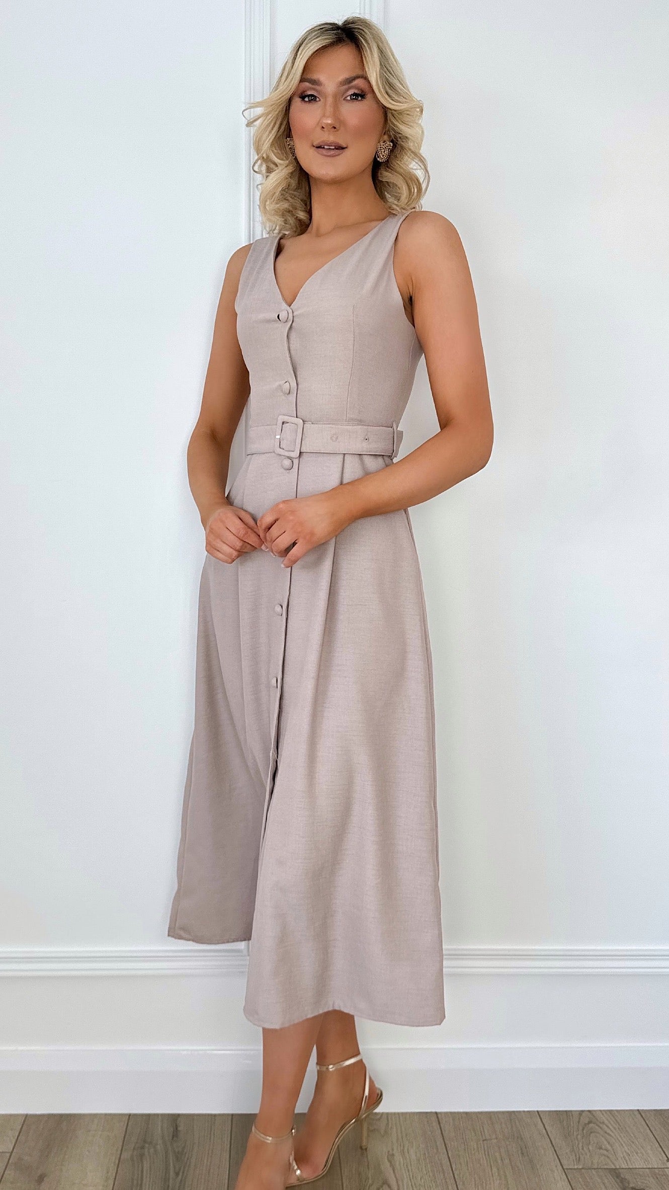 Buttoned Midi Dress with Belt - Taupe