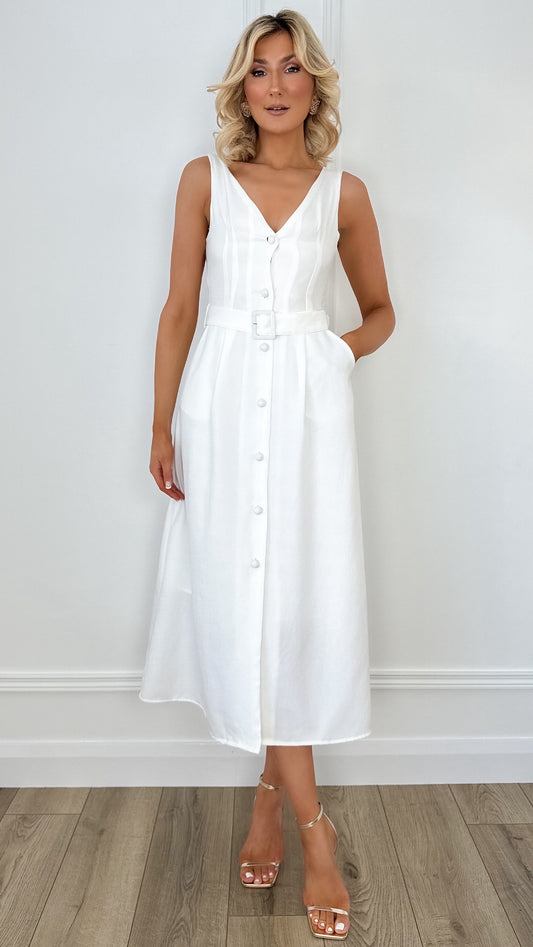 Buttoned Midi Dress with Belt - White