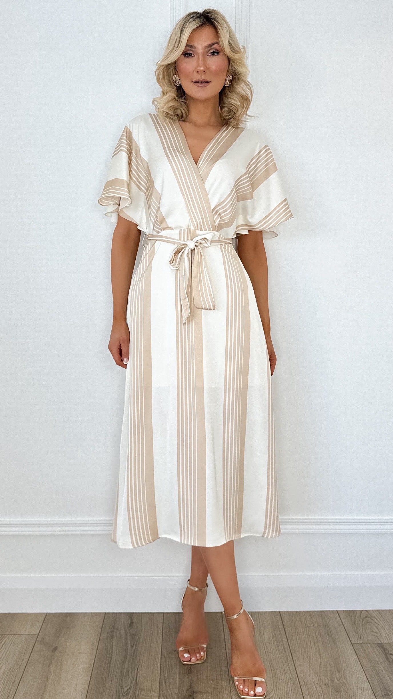 Vivian Striped Midi Dress - Beige and White