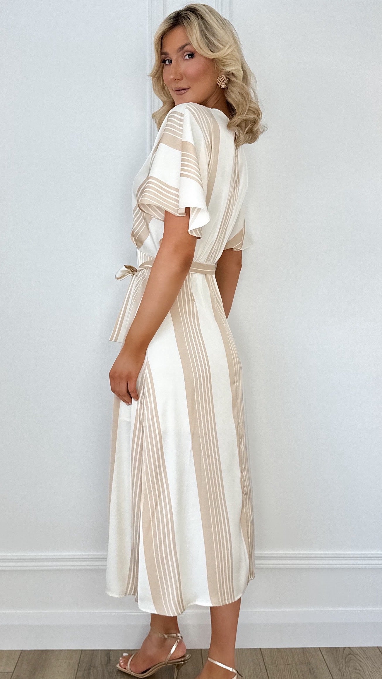 Vivian Striped Midi Dress - Beige and White
