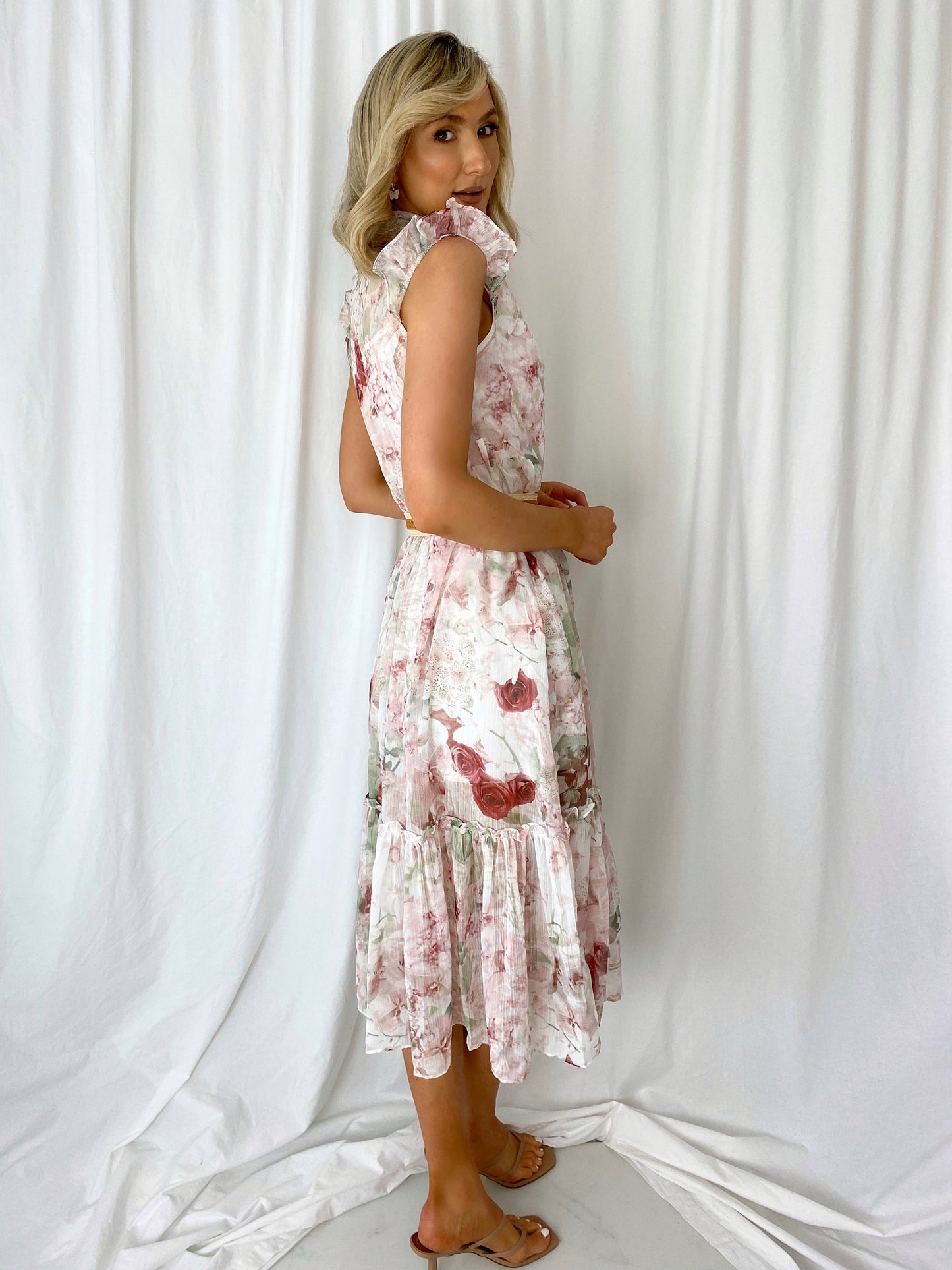 Ross Sleeveless Floral Dress - Beige