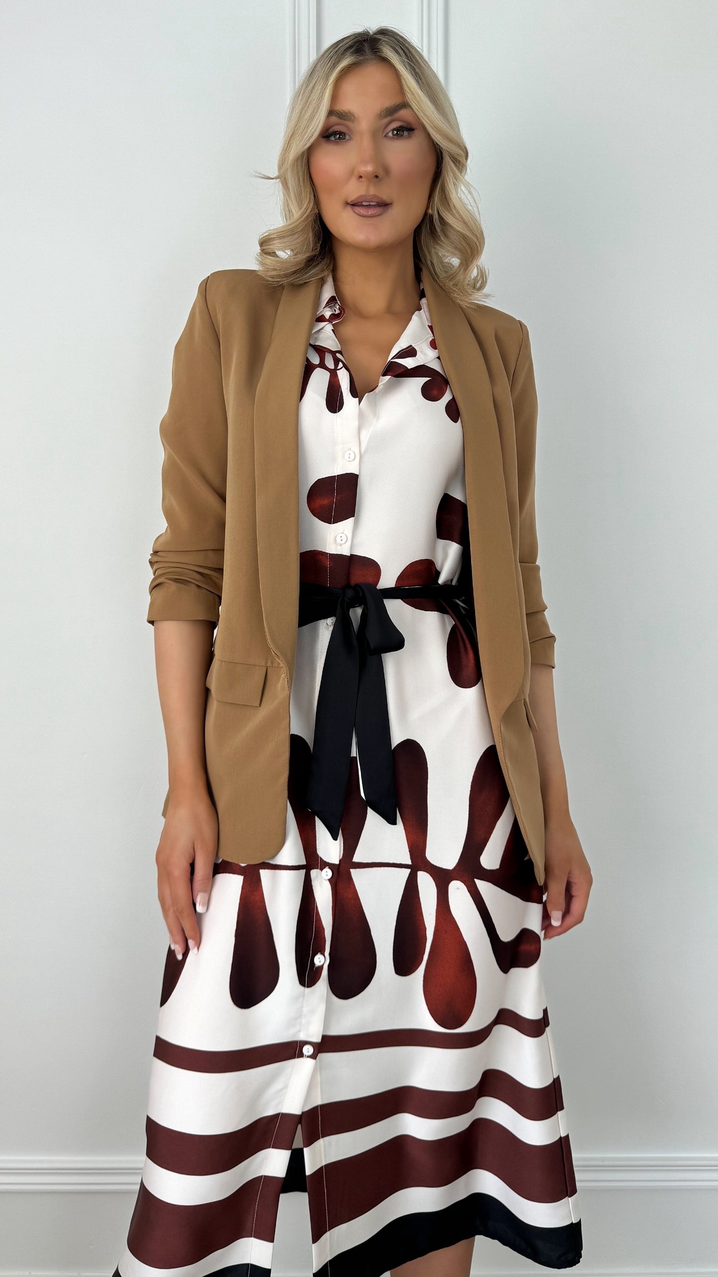 Jane Ruched Sleeve Blazer - Light Brown