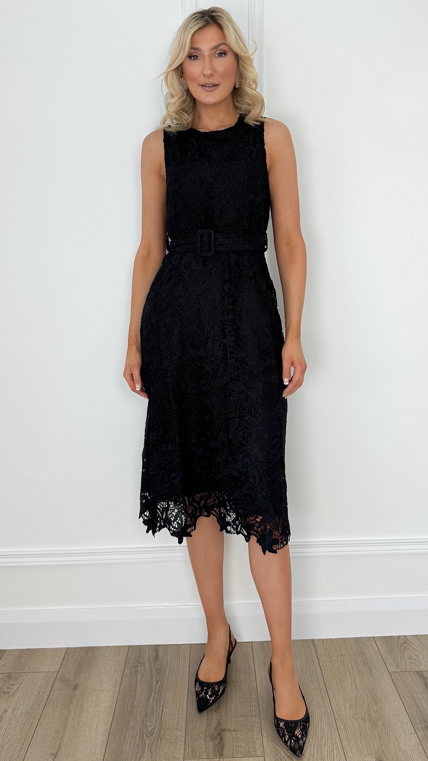 Emily Belted Broderie Dress - Black