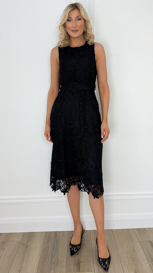 Emily Belted Broderie Dress - Black