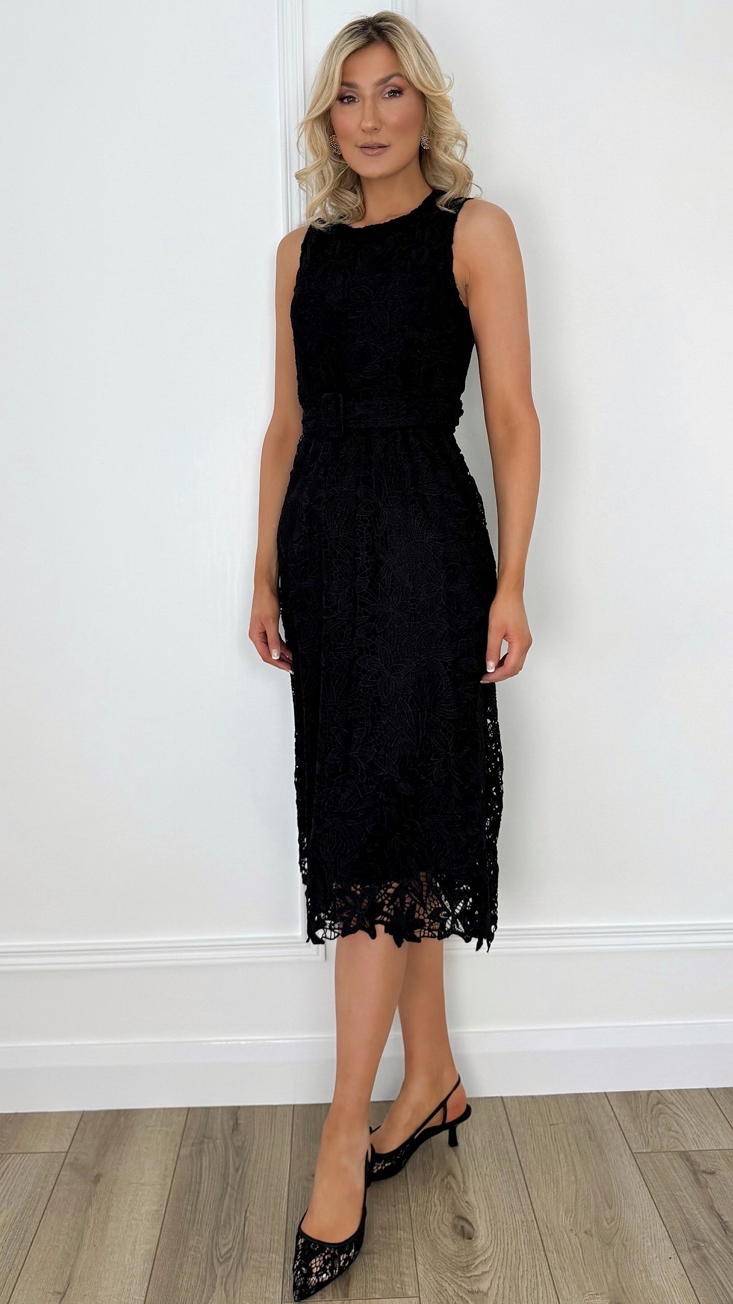 Emily Belted Broderie Dress - Black