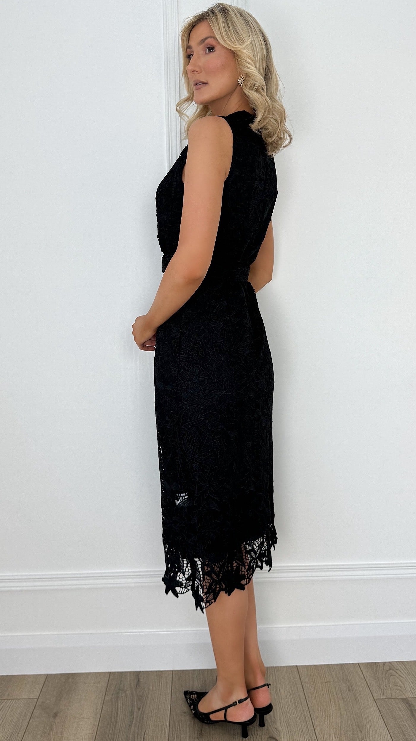 Emily Belted Broderie Dress - Black