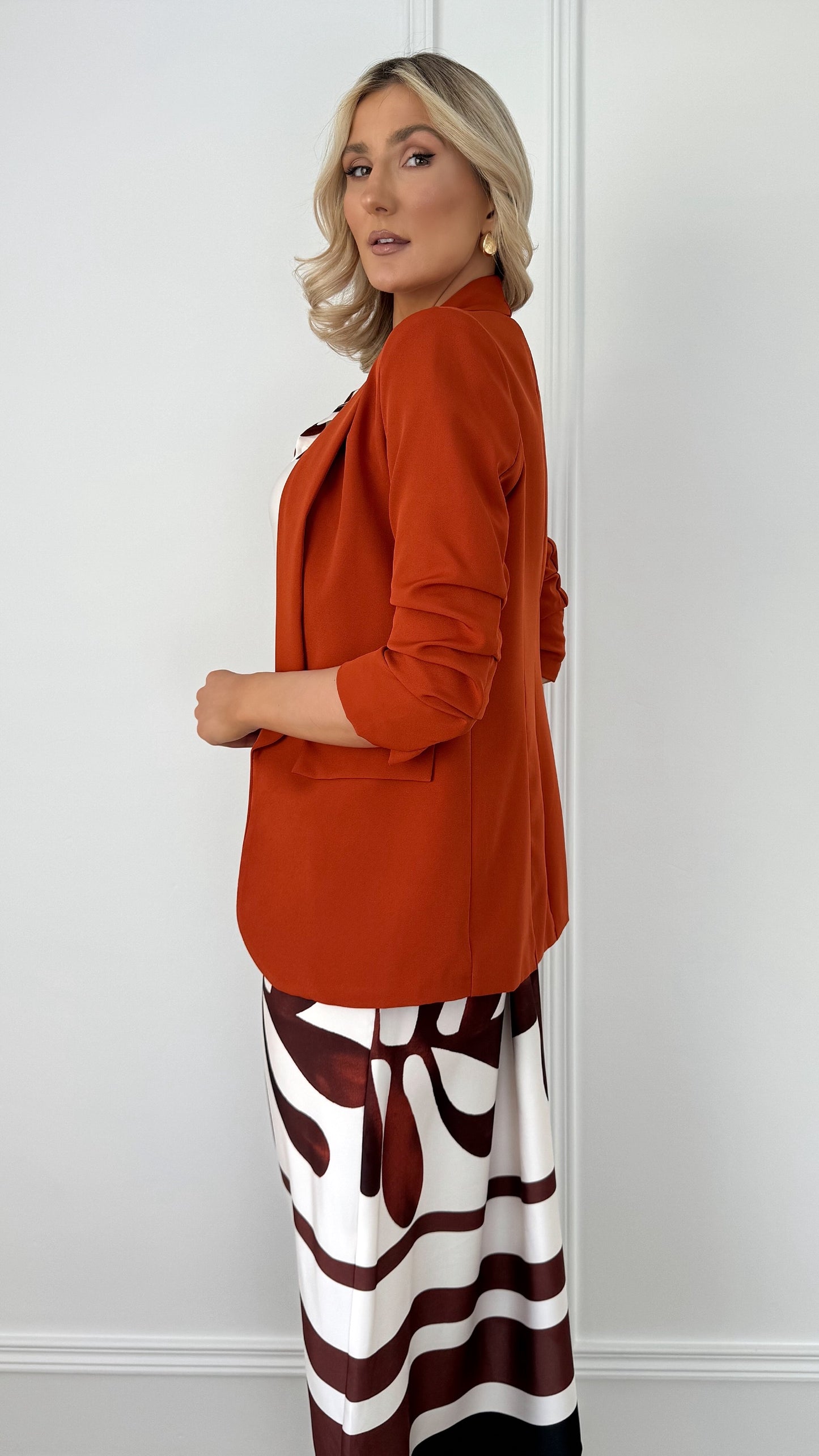 Jane Ruched Sleeve Blazer - Rust