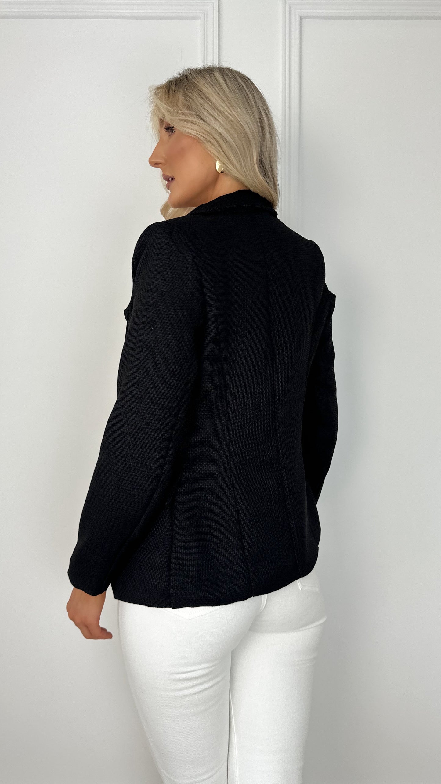 Sonya Single Breasted Blazer with Gold Button - Black
