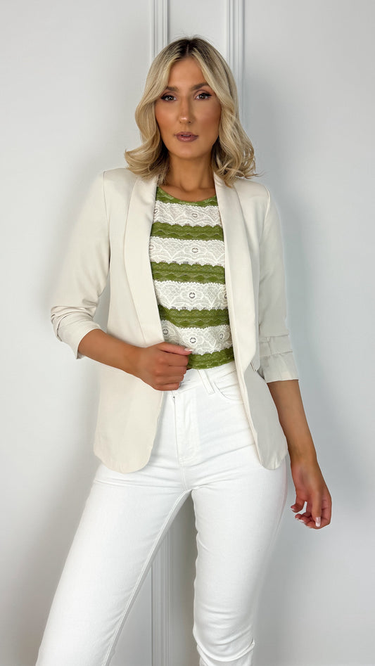Sinead Slim Open Blazer with Ruched Sleeves - Beige
