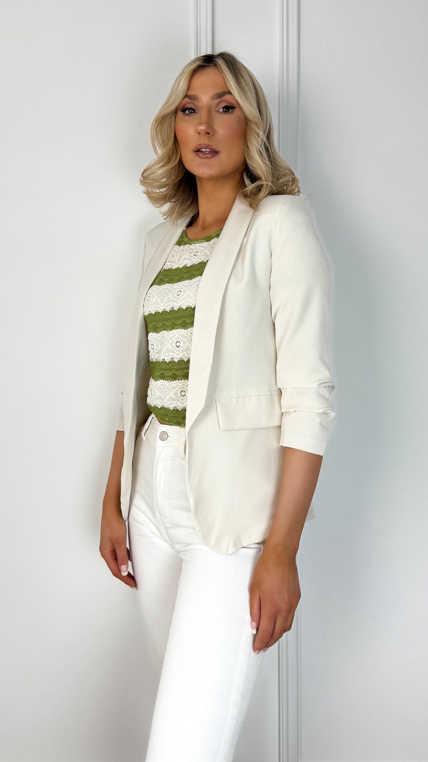 Sinead Slim Open Blazer with Ruched Sleeves - Beige