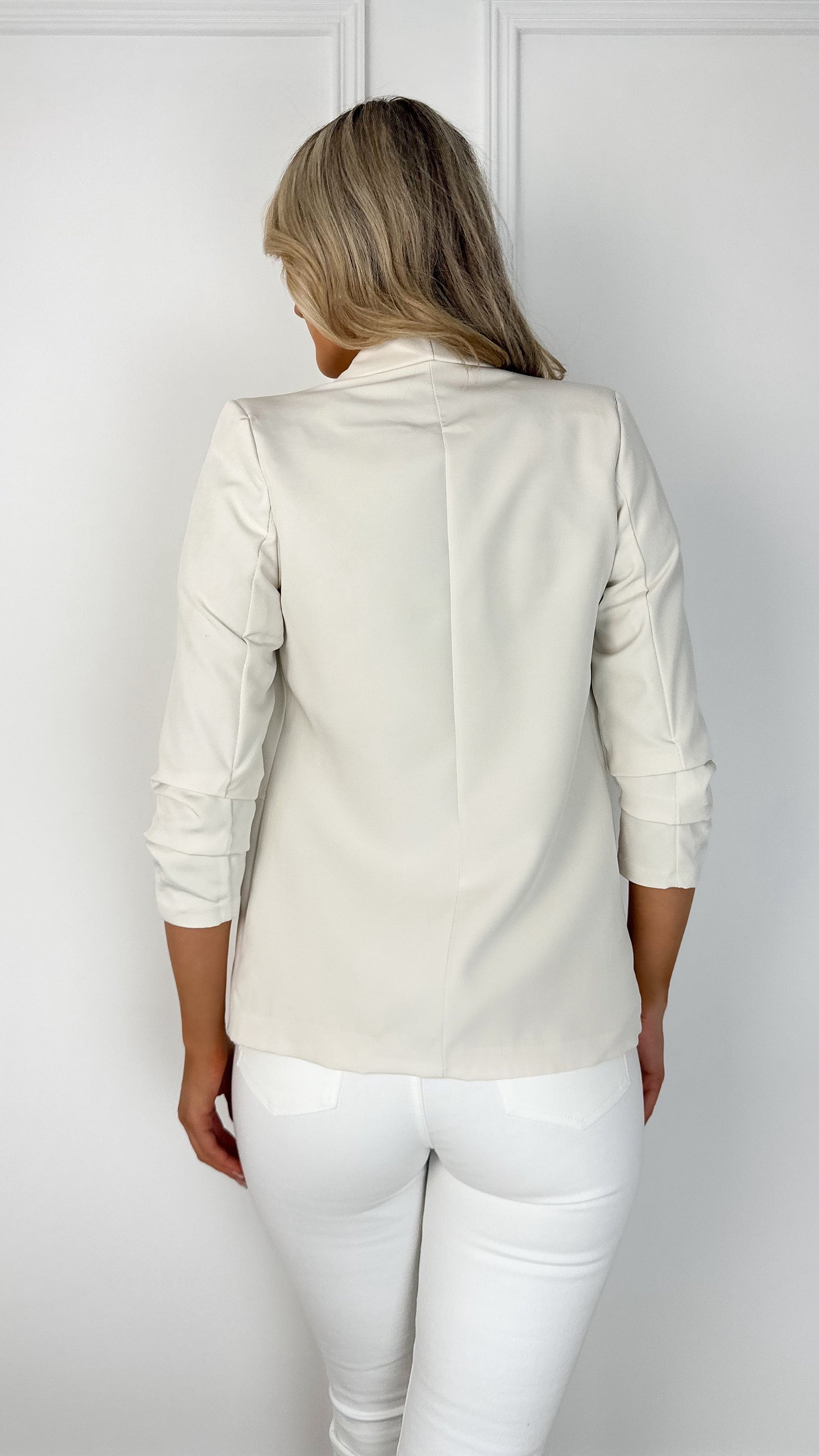 Sinead Slim Open Blazer with Ruched Sleeves - Beige