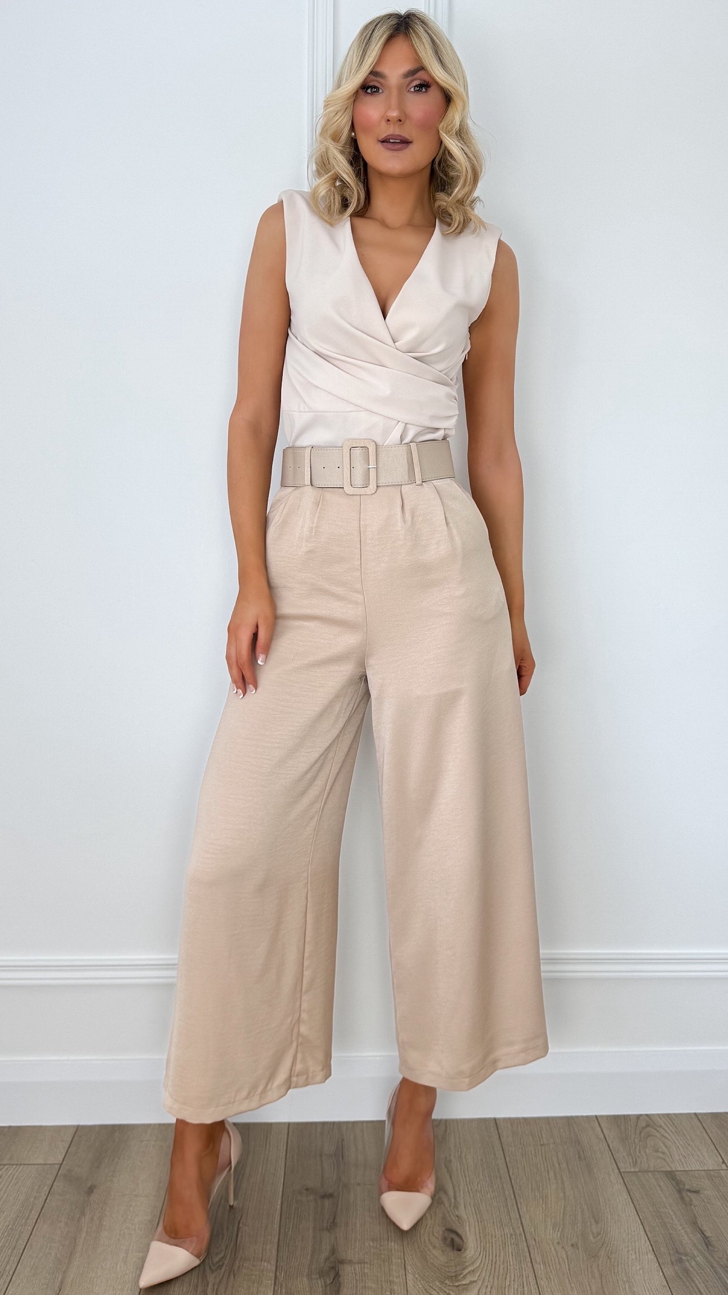 Bella Satin Wide Legs Belted Trousers - Beige