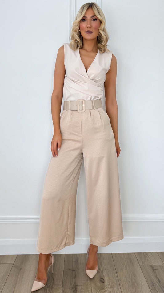Bella Satin Wide Legs Belted Trousers - Beige