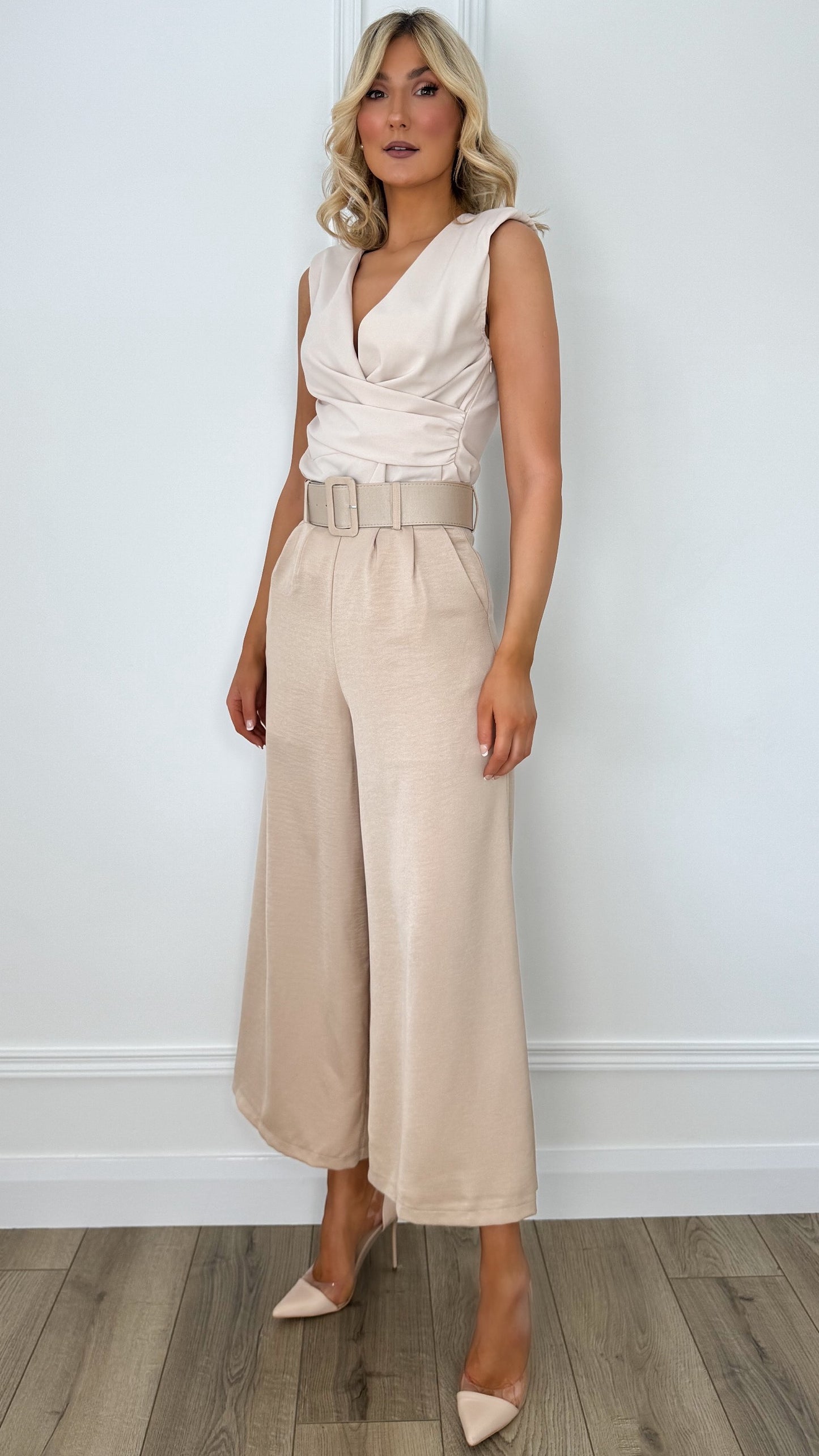 Bella Satin Wide Legs Belted Trousers - Beige