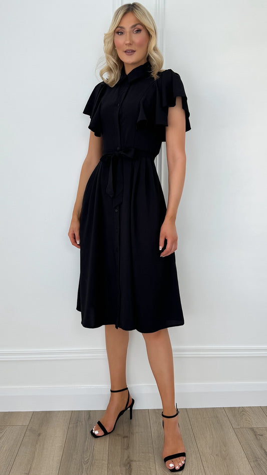 Ruffle Short Sleeve Shirt Dress - Black