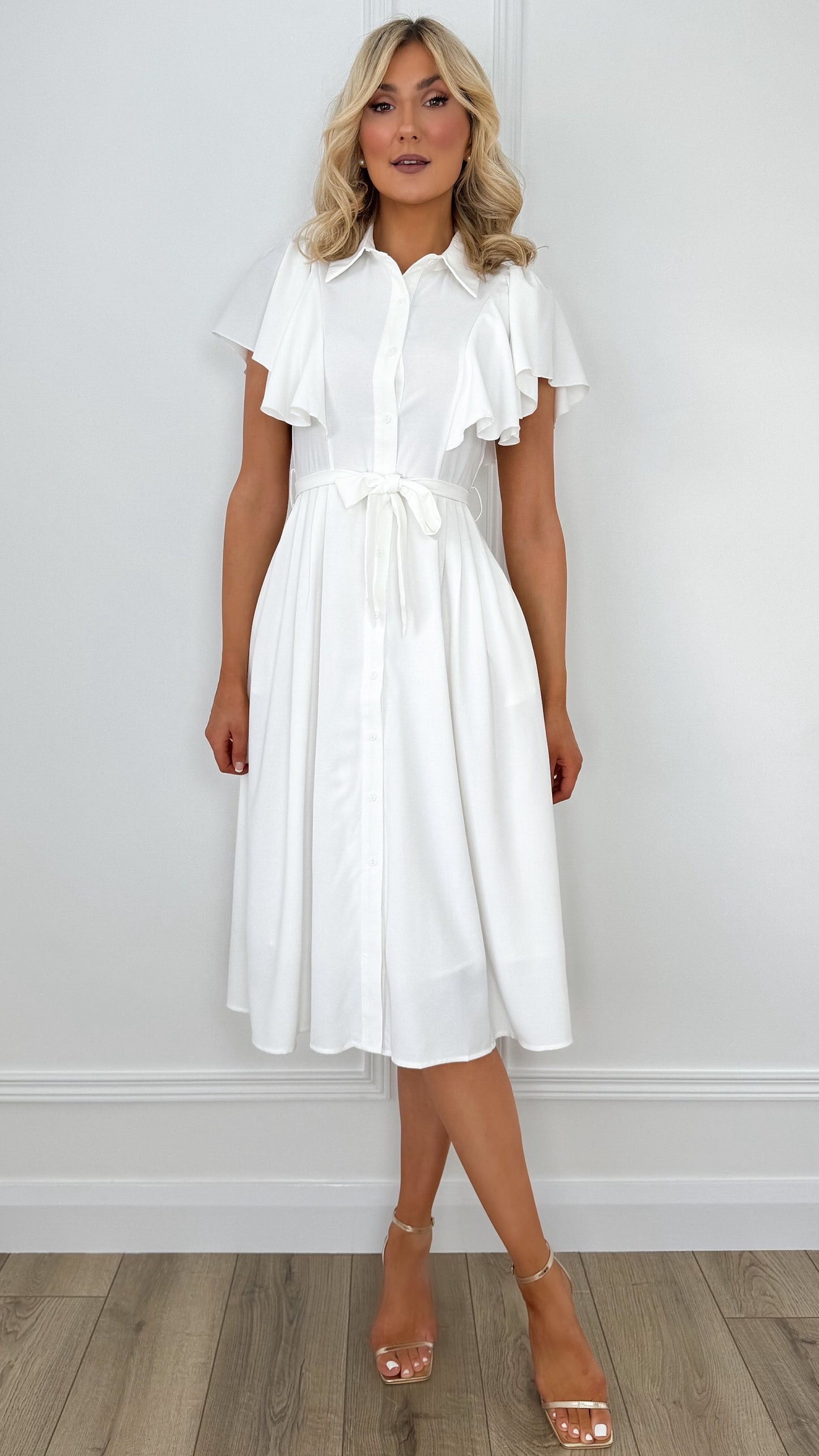 Ruffle Short Sleeve Shirt Dress - White