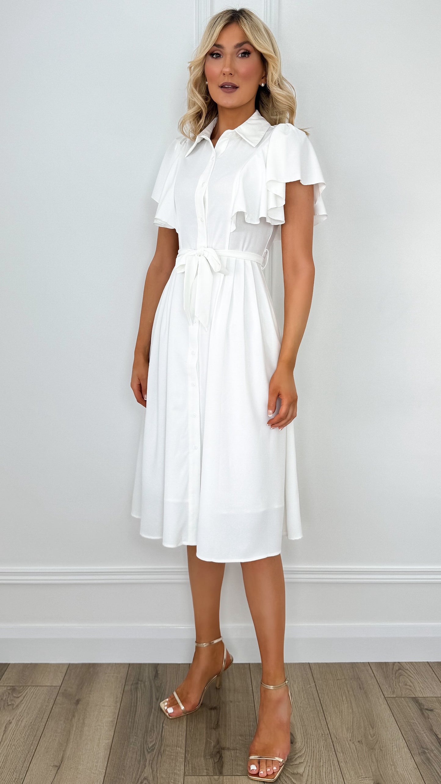Ruffle Short Sleeve Shirt Dress - White