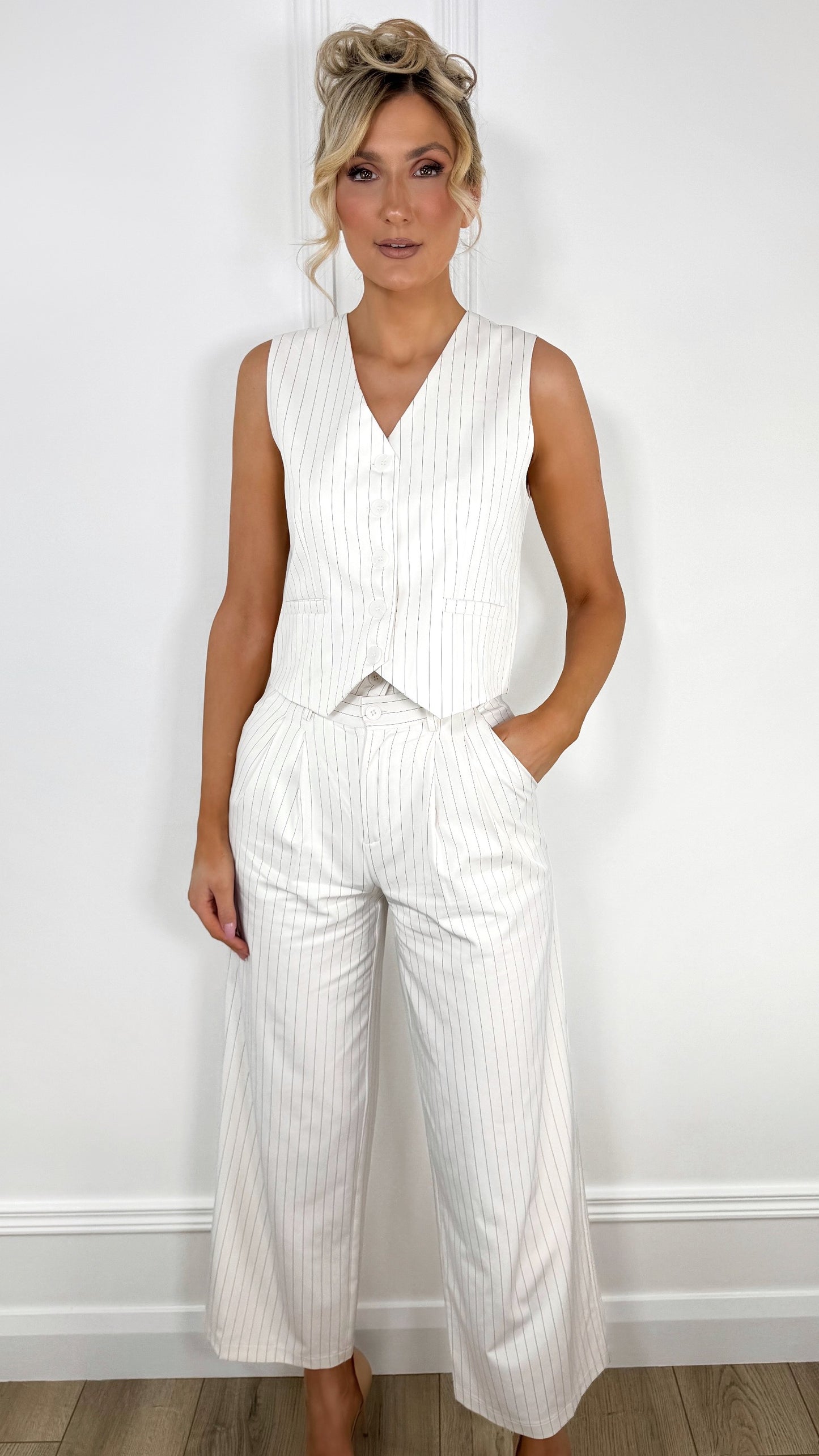 Double Waistband Detail Tailored Stripped Trousers