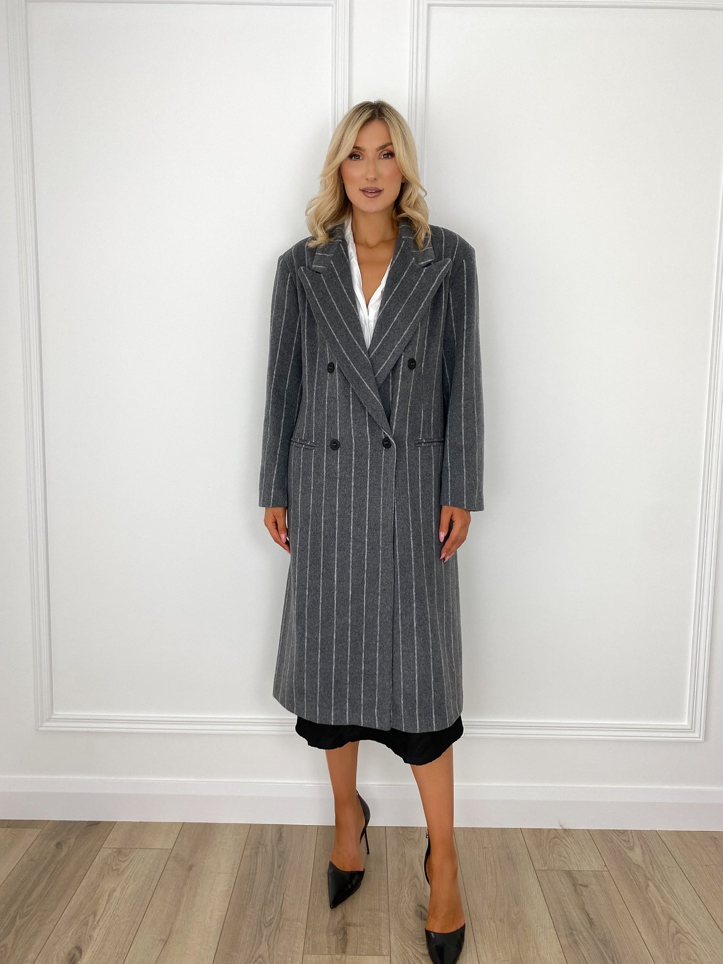 Striped Longline Coat - Grey