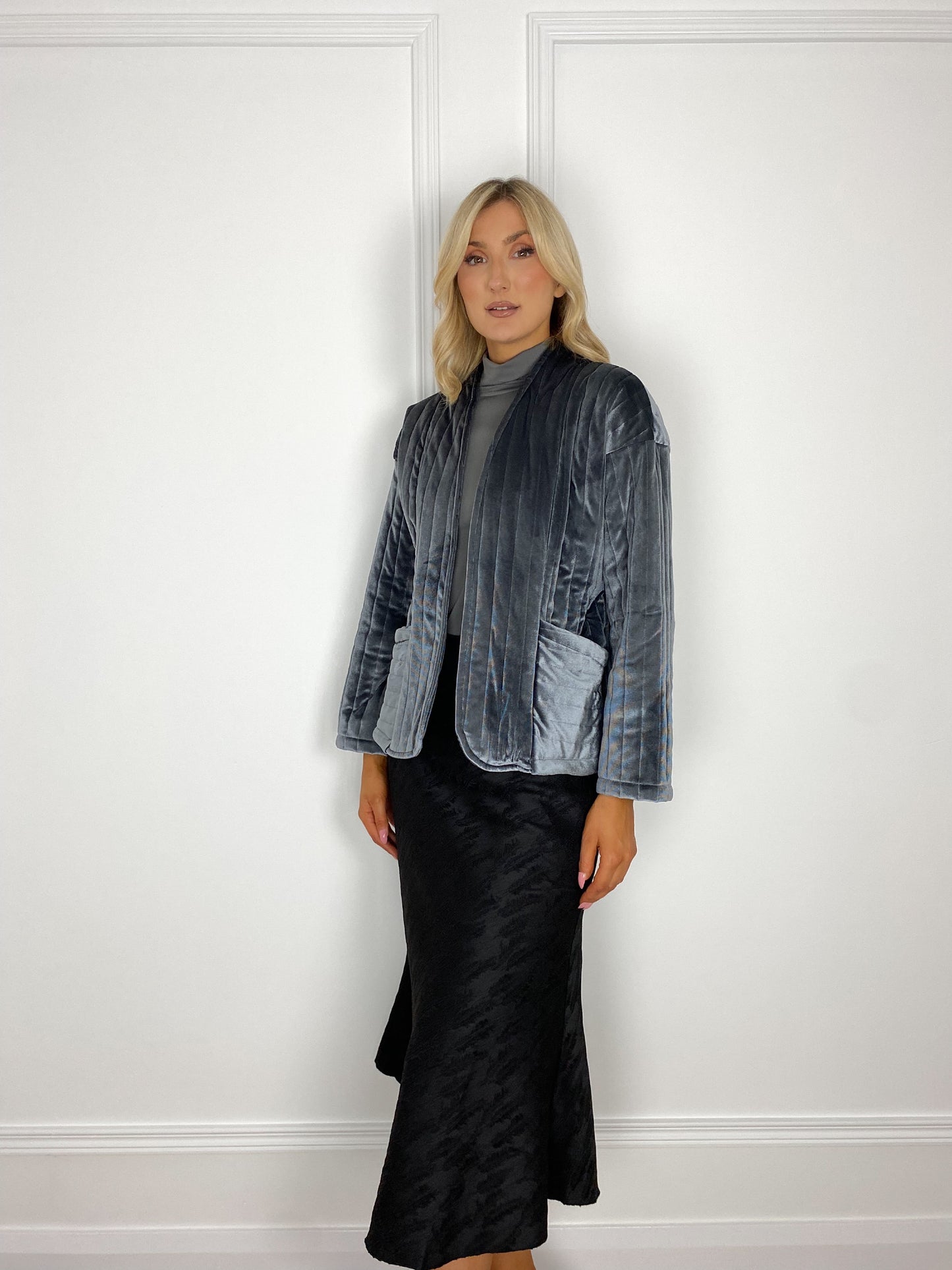 Monica Velvet Blazer Jacket with Pockets in Silver