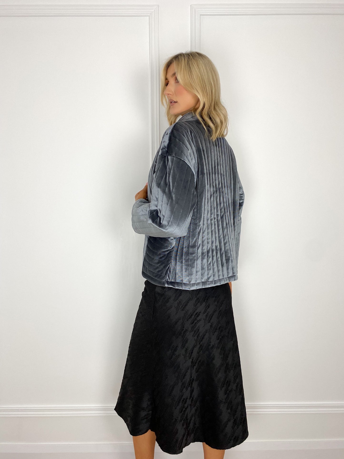 Monica Velvet Blazer Jacket with Pockets in Silver