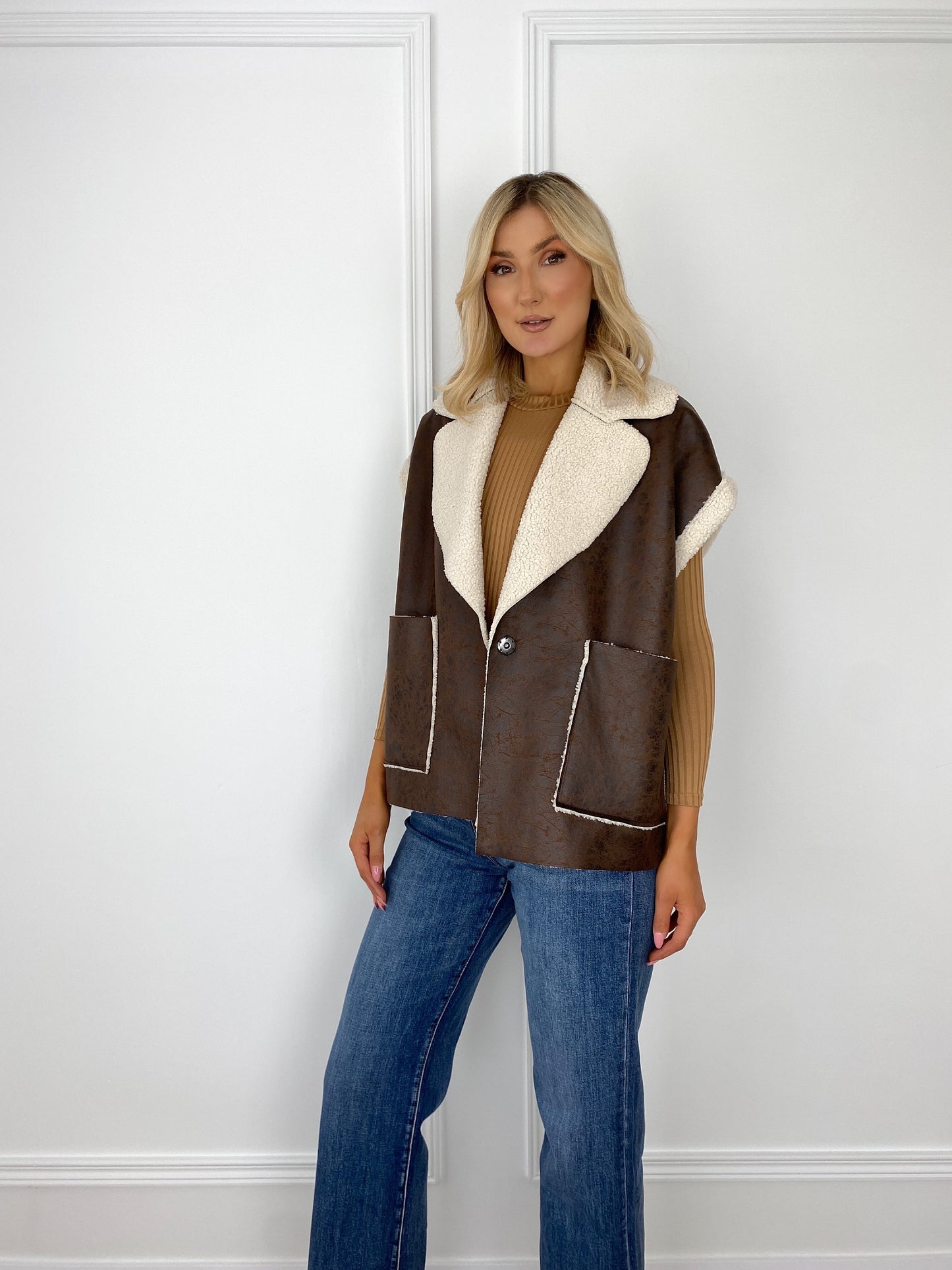 Faux Fur Oversized Gilet - Brown