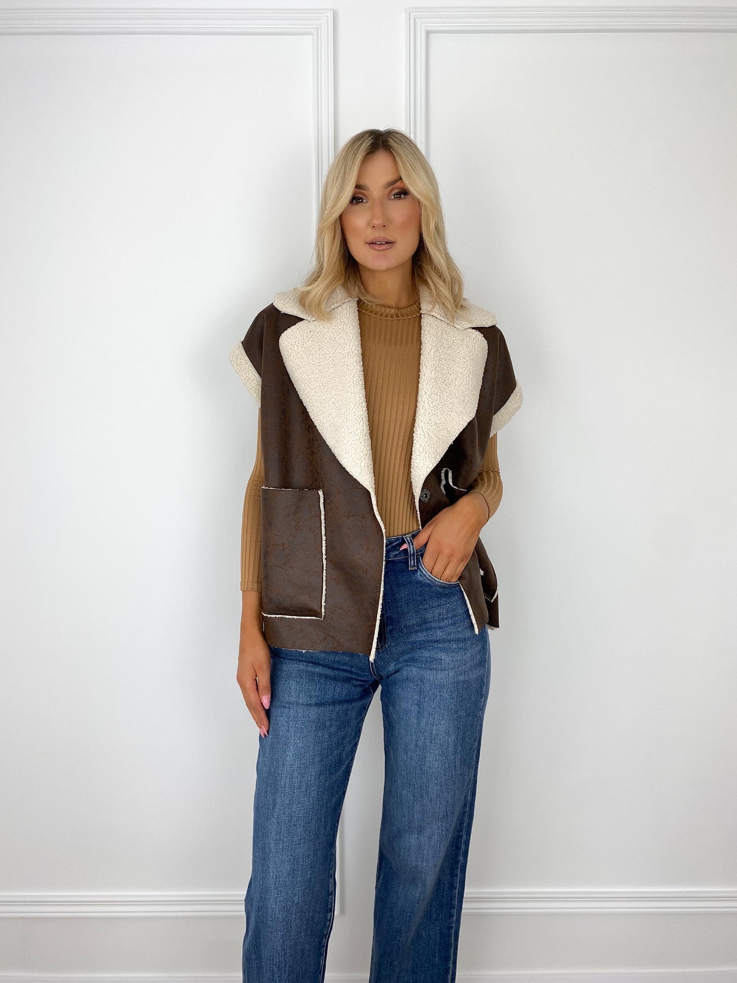 Faux Fur Oversized Gilet - Brown