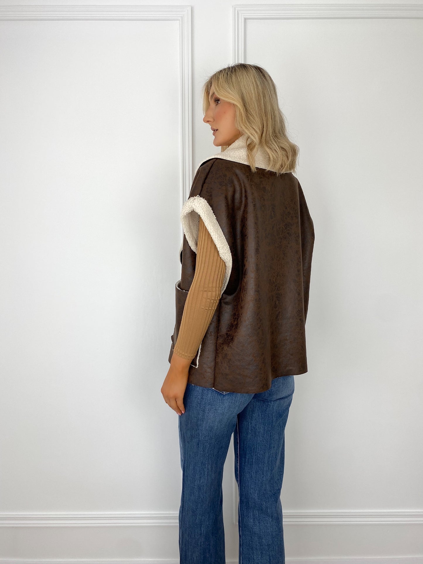 Faux Fur Oversized Gilet - Brown