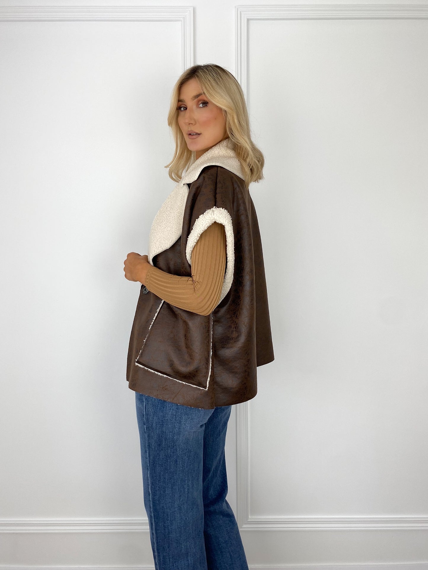 Faux Fur Oversized Gilet - Brown